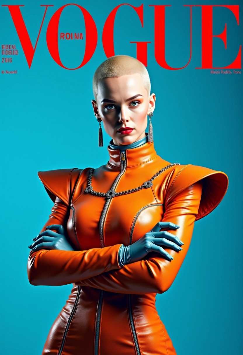 Vogue cover of a beautiful android18 cosplayer, fancy android 18 costume  in dragonball series, posing for the magazine cover, professional photography with studio lighting, blue background, text at the top says "VOGUE", the texts locate behind the model, intricate details.