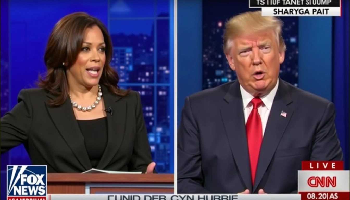 Kamala Harris and Donald Trump in a debate on TV, "Harris" on the bottom left, "Trump" on the bottom right, News logo in bottom right
