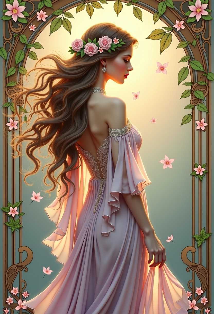 Create an enchanting image of a beautiful woman reminiscent of the Art Nouveau style of Alfons Mucha. The woman should have flowing, wavy hair adorned with delicate flowers and vines, exuding an ethereal beauty. Her attire is a flowing gown with intricate patterns, draped gracefully around her figure, featuring soft pastel colors like lavender, soft pink, and cream. Surround her with ornate, organic motifs typical of Mucha's work, including leaves and floral elements, creating a harmonious background that complements her figure. Incorporate elegant, curving lines and a sense of movement throughout the composition, emphasizing the grace and fluidity of her form. The lighting should be soft and warm, casting a gentle glow that enhances her features, while the overall atmosphere conveys a sense of tranquility and charm. The background can feature an elaborate border or framing, echoing Mucha's signature style, and it should be rich in detail, inviting the viewer to take in all the intricate aspects of the scene. The overall mood should be romantic and dreamlike, transporting the viewer into a world of beauty and harmony.