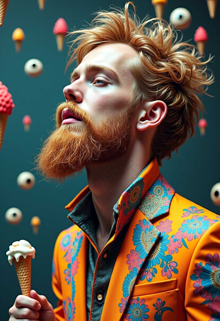 style  Alfonse Mucha. Surrealist Collage, Psychedelic Themes	Bearded Punk Man	The photo is a collage of disparate elements, each with a unique, vibrant color palette.	The man's head is detached from his body, floating in a sea of abstract shapes and textures.	The details of the man's clothes, beard, and even the environment are meticulously captured in a chaotic, yet beautiful, collage.	The man's eyes are closed, as if he's deeply immersed in a dream world.	The man's head is surrounded by surreal and unexpected objects, such as floating clocks, melting ice cream cones, and psychedelic eyes. Darkroom Photography, Psychedelic Manipulation	Bearded Punk Man	The photo uses muted, almost monochromatic colors, creating a dark and mysterious atmosphere.	The man's figure is blurred and distorted, almost dissolving into the background.	The man's beard appears to be made of intricate, almost alien patterns, each detail a story of its own.	The man's eyes are wide with fear, as if he's witnessing something terrifying yet beautiful.	A single, bright light source appears in the distance, casting long, distorted shadows that seem to reach out and touch the man.