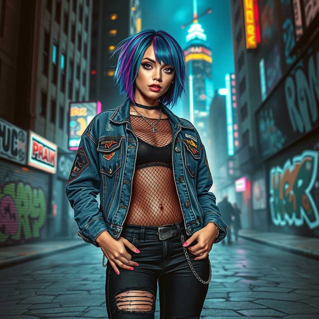 Prompt: "A stunning cybergrunge girl stands confidently in an urban setting, blending elements of cyberpunk and grunge aesthetics. She has vibrant, neon-colored hair styled in an asymmetrical bob, accentuated by electric blue and deep purple streaks. Her makeup is bold and dramatic, featuring metallic eyeliner and shimmering lip gloss, reflecting a futuristic vibe. The girl is wearing a distressed oversized denim jacket adorned with patches and studs, layered over a fitted black mesh top. Her lower half is clad in dark, ripped skinny jeans with silver chains hanging loosely.
In the background, a gritty cityscape emerges with towering skyscrapers illuminated by neon lights, casting a rainbow of colors onto the cracked asphalt of the street. Graffiti art decorates the walls, showcasing cyberpunk motifs and abstract designs. The overall atmosphere is moody and intense, enhanced by a slight fog that adds depth to the scene. Emphasize high contrast and saturation to give the image a striking, poster-like quality, capturing the essence of the cybergrunge subculture in a captivating illustration."