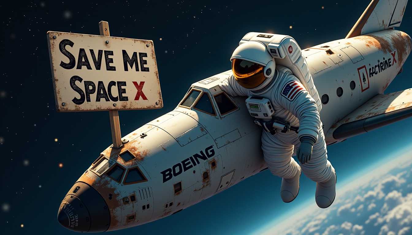 Create a striking and dramatic image of an astronaut floating in the vastness of space, suspended against a backdrop of deep black interstellar darkness, speckled with vibrant stars and distant galaxies. The astronaut, dressed in a detailed white and blue space suit adorned with patches, is holding a large, weathered sign that reads “Save Me Space X” in bold, distressed letters, contrasting sharply with the darkness around him. 

Next to the astronaut, depict a non-functional, broken-down spacecraft that bears the logo "BOEING" prominently on its side, showing signs of wear and damage, like scorched metal and pockmarked surfaces, that suggest it has been stranded in space for some time. The spacecraft should angle slightly, adding a sense of vulnerability to the scene.

The composition should focus on the interaction between the astronaut and the spacecraft, capturing a moment of desperation and isolation. Use dramatic lighting to highlight the astronaut's face and the sign, casting shadows that enhance the bleak and haunting atmosphere of the vast cosmos. The overall mood should evoke a sense of urgency and longing, contrasting the loneliness of space with the hope embodied by the message on the sign.