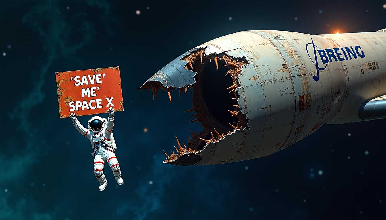 Create a striking and dramatic image of an astronaut floating in the vastness of space, suspended against a backdrop of deep black interstellar darkness, speckled with vibrant stars and distant galaxies. The astronaut, dressed in a detailed white and blue space suit adorned with patches, is holding a large, weathered sign that reads “Save Me Space X” in bold, distressed letters, contrasting sharply with the darkness around him. 

Next to the astronaut, depict a non-functional, broken-down spacecraft that bears the logo "BOEING" prominently on its side, showing signs of wear and damage, like scorched metal and pockmarked surfaces, that suggest it has been stranded in space for some time. The spacecraft should angle slightly, adding a sense of vulnerability to the scene.

The composition should focus on the interaction between the astronaut and the spacecraft, capturing a moment of desperation and isolation. Use dramatic lighting to highlight the astronaut's face and the sign, casting shadows that enhance the bleak and haunting atmosphere of the vast cosmos. The overall mood should evoke a sense of urgency and longing, contrasting the loneliness of space with the hope embodied by the message on the sign.