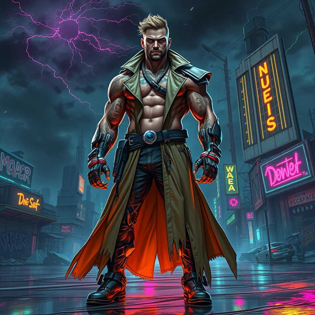 **Prompt for Image Generation:**

Create a striking image of a muscular warrior man with an imposing stance, embodying a cybergrunge aesthetic. He stands in a post-apocalyptic urban landscape, filled with towering debris and neon graffiti illuminating the dark surroundings. His body is adorned with cybernetic enhancements, including glowing tattoos that pulse in vibrant colors across his skin, and intricate mechanical limbs that showcase both strength and advanced technology. 

His attire consists of a mix of rugged combat gear and high-tech elements, featuring metallic armor plates, torn fabric, and holographic accessories. A long, tattered trench coat sways dramatically in the wind, detailed with patches and insignias that suggest a storied past. His face displays a fierce expression, partially obscured by a sleek visor that reflects the chaos around him.

The scene is set under a sky filled with dark clouds swirling with electric sparks, giving an ominous yet thrilling atmosphere. Neon lights from derelict signs cast colorful reflections on wet pavement, creating a moody contrast against the gritty background. Emphasize the warrior's grit and determination by highlighting the scars and weariness in his expression. The overall composition should evoke a sense of gritty resilience and a longing for freedom amidst the ruins of a technologically advanced yet broken world, capturing the essence of cyberpunk merged with grunge.