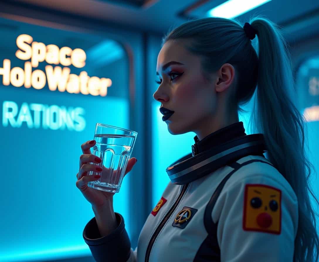 beautiful woman with blue pigtails and black lipstick holding a glass of water, she is wearing a spacesuit, setting spaceship holodeck, text at top in dynamic lettering "Space HoloWater", on the wall in digital text "RATIONS"