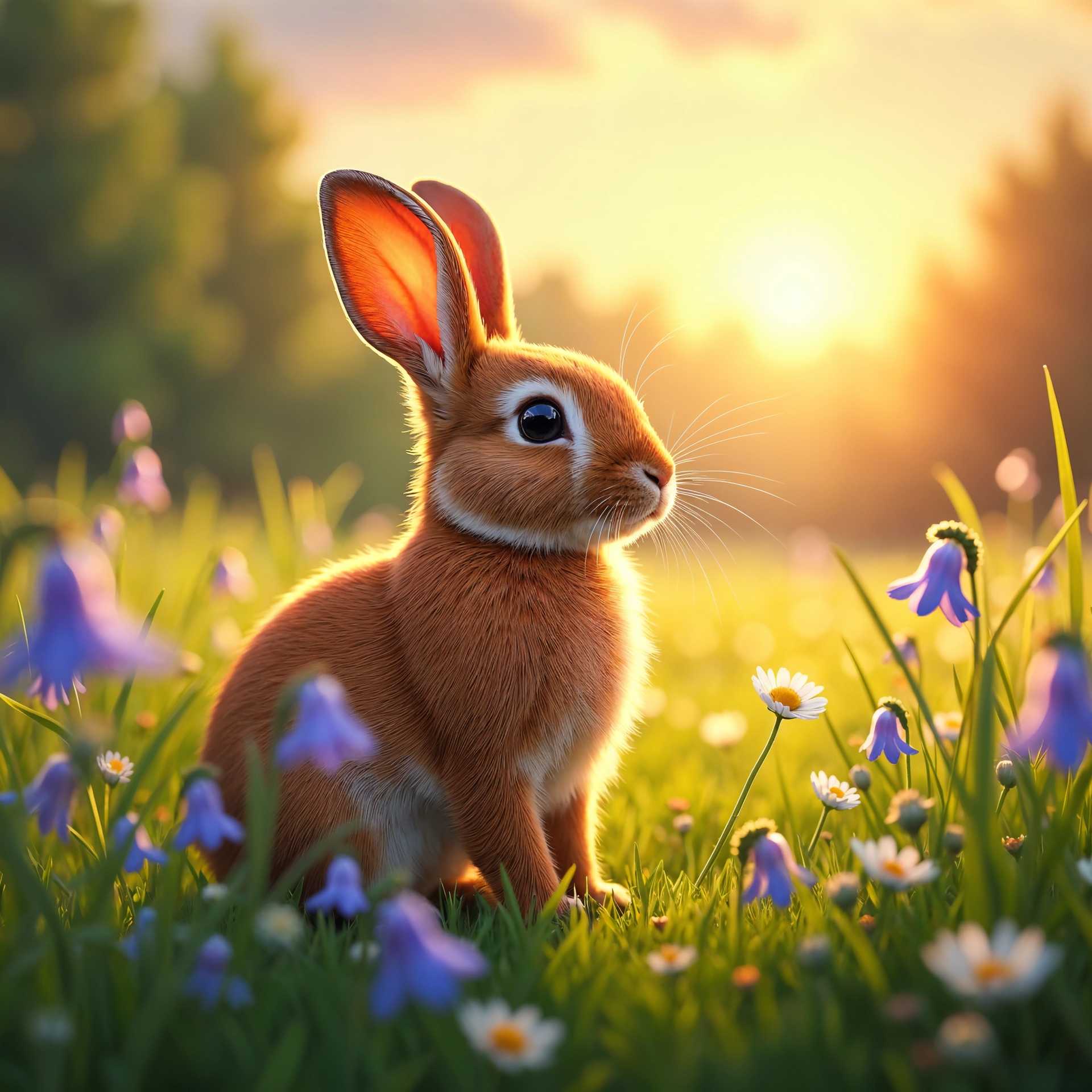 An orange bunny in a field of purple and white flowers basks in the warm glow of the sun.