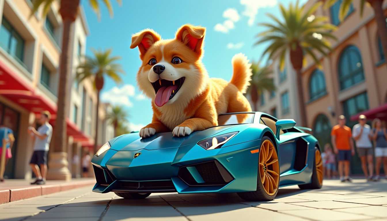 Adorable Dog Joyfully Posing atop a Sleek Blue Lamborghini on a Sun-drenched City Street