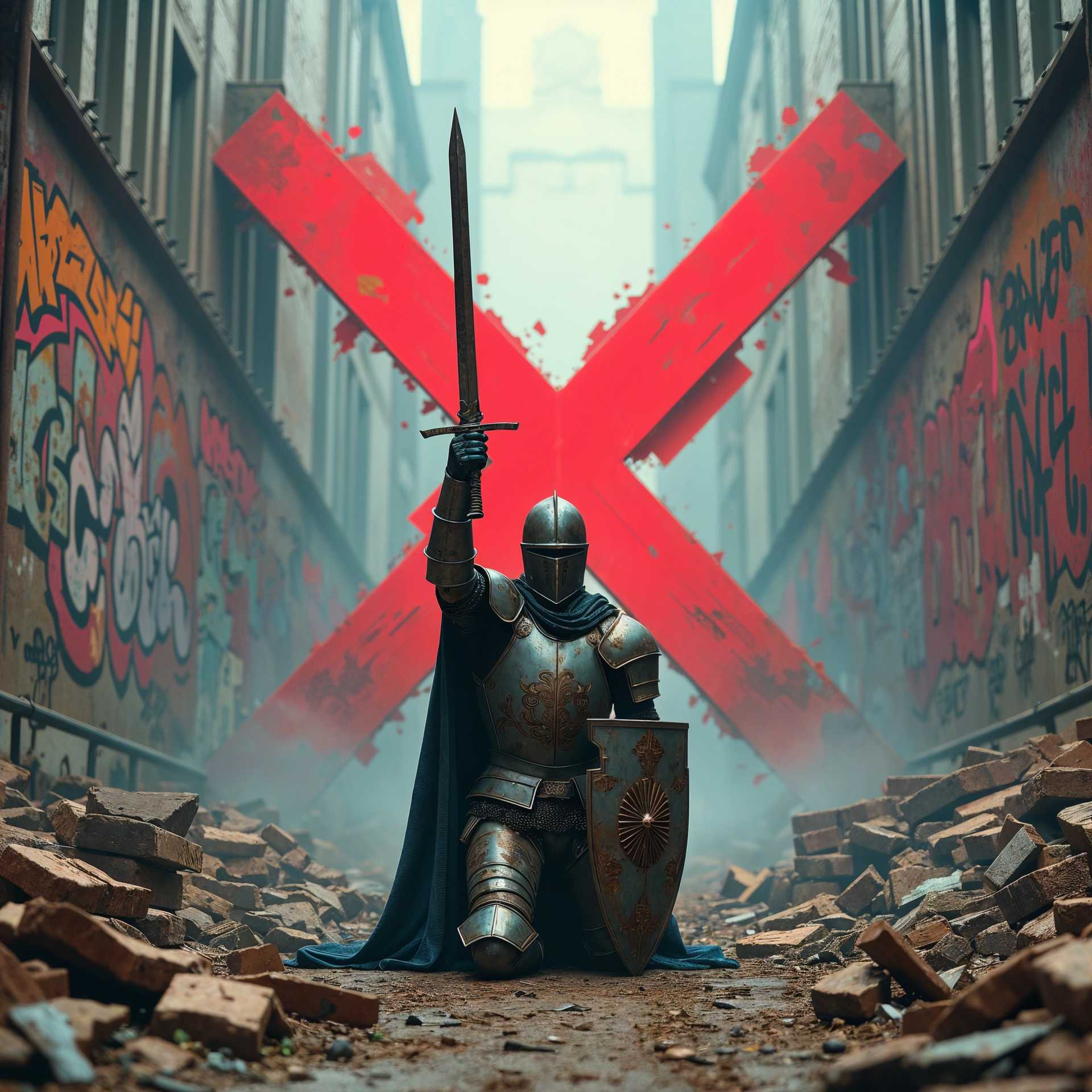 AI-generated image: Create a captivating cinematic digital photograph featuring a kneeling knight at the center of a dys