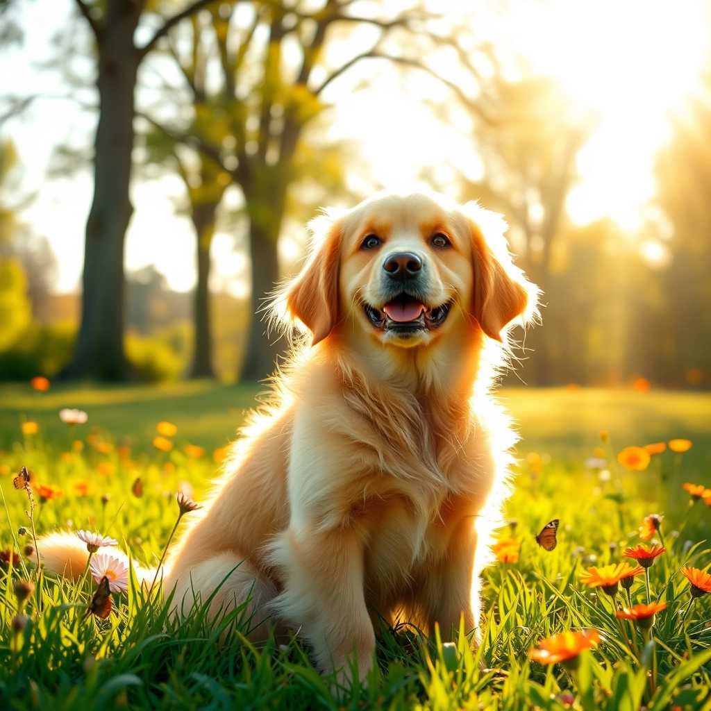 Prompt: A realistic and heartwarming scene featuring an adorable golden retriever sitting in a sunlit park during the golden hour. The dog is playfully tilting its head to the side, its fluffy coat shimmering in warm tones of gold and cream. Surrounding the dog are vibrant green grass and colorful wildflowers swaying gently in the breeze. In the background, tall trees cast dappled shadows, and a few playful butterflies flutter around. The atmosphere is cheerful and serene, evoking a sense of joy and companionship. Soft, warm sunlight bathes the entire scene, enhancing the dog’s bright, expressive eyes, which reflect curiosity and warmth. Capture the essence of happiness and playfulness in this idyllic outdoor setting.