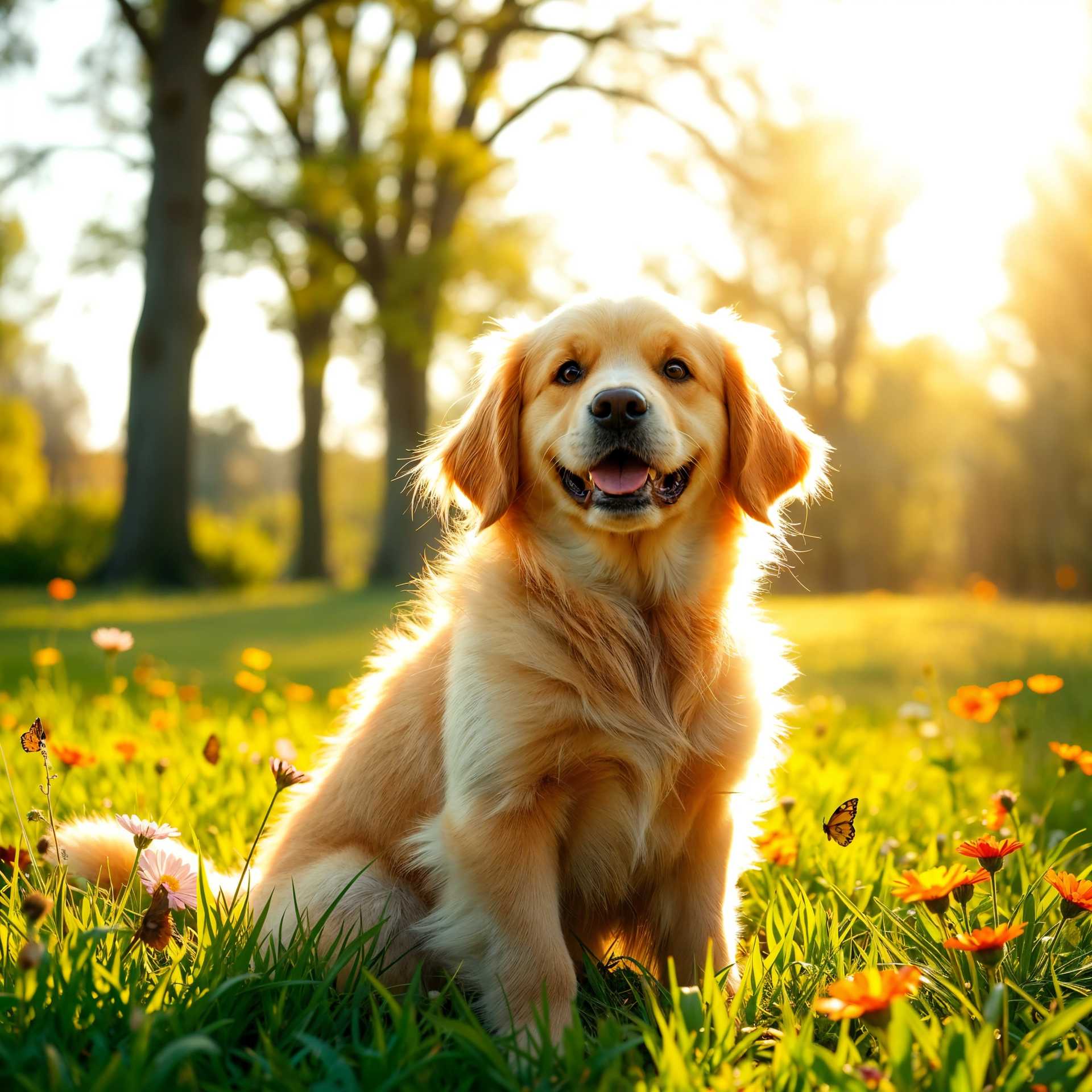 AI-generated image: Prompt: A realistic and heartwarming scene featuring an adorable golden retriever sitting in a sunli