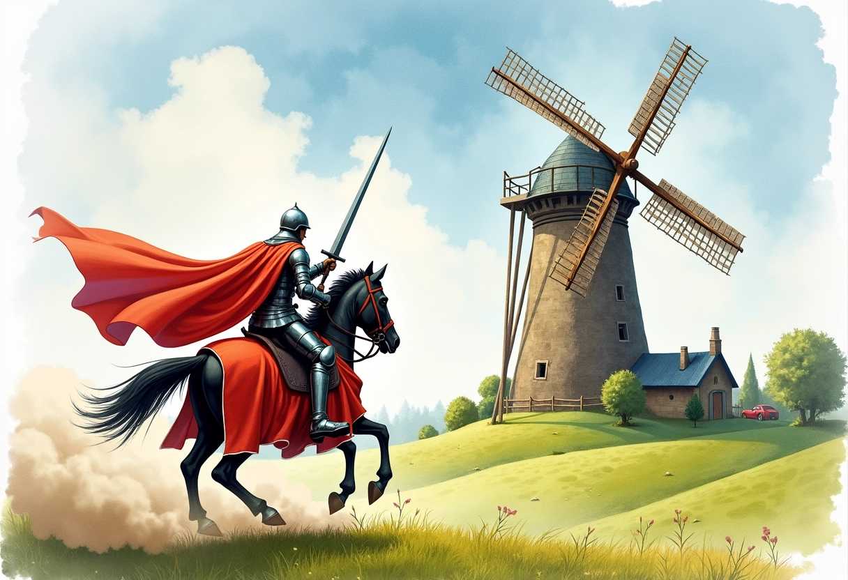 watercolor. A medieval scene depicting a knight in shining armor, mounted on a powerful steed. The knight faces the mill, clutches a gleaming sword, his cape fluttering dramatically in the wind. He charges across a lush green field towards a towering windmill, with clouds of dust billowing from beneath his horse’s hooves. The sky is clear, and the windmill's sails spin briskly, adding dynamic movement to the vivid and action-packed scene.