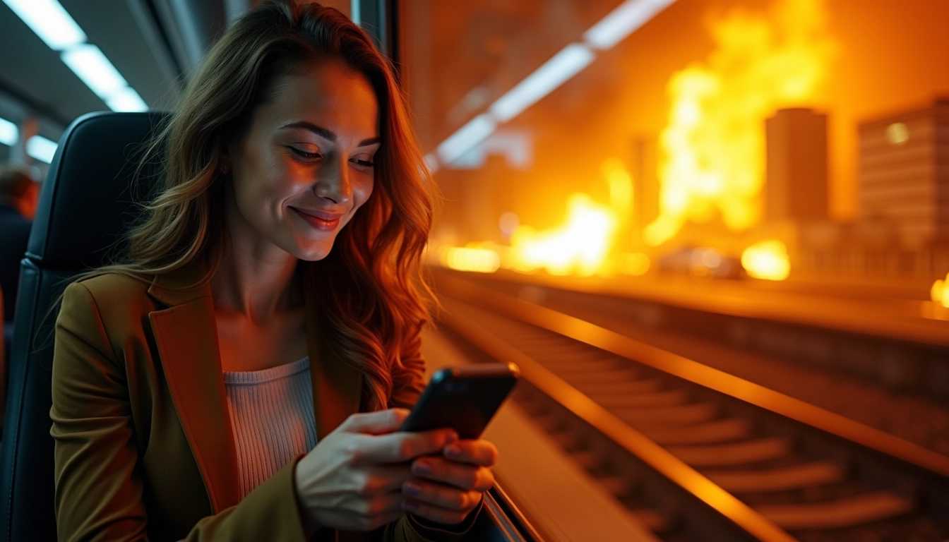 a woman on a passenger train smiling and looking at her iphone as the city burns to the ground in a fiery inferno outside her window as the train passes by