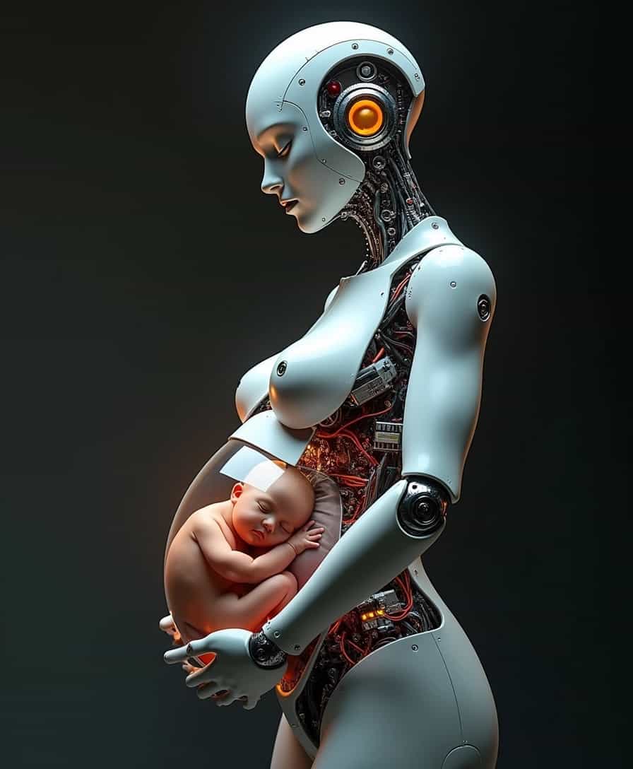 Hyper-realistic pregnant humanoid cyborg, sleek chrome body with transparent polymer belly housing a sleeping human fetus. Intricate circuitry intertwines with organic elements. Studio setting, dramatic chiaroscuro lighting.Evokes themes of transhumanism and maternal instinct.Reflective surfaces capture ambient light, emphasizing the fusion of technology and life.