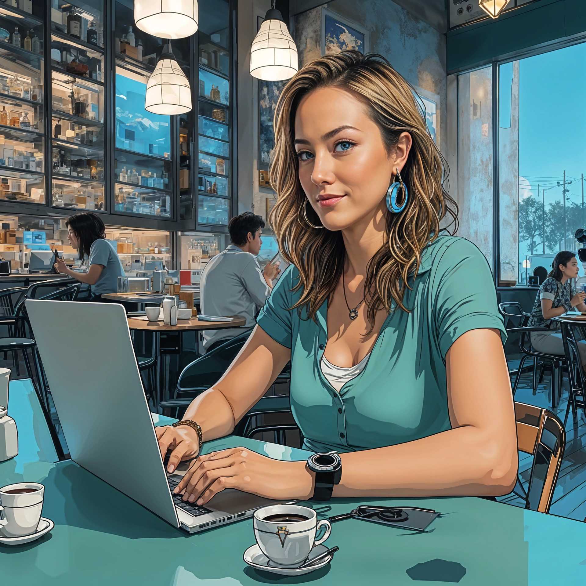 Professional at Work: A Woman Typing on a Laptop in a Cafe