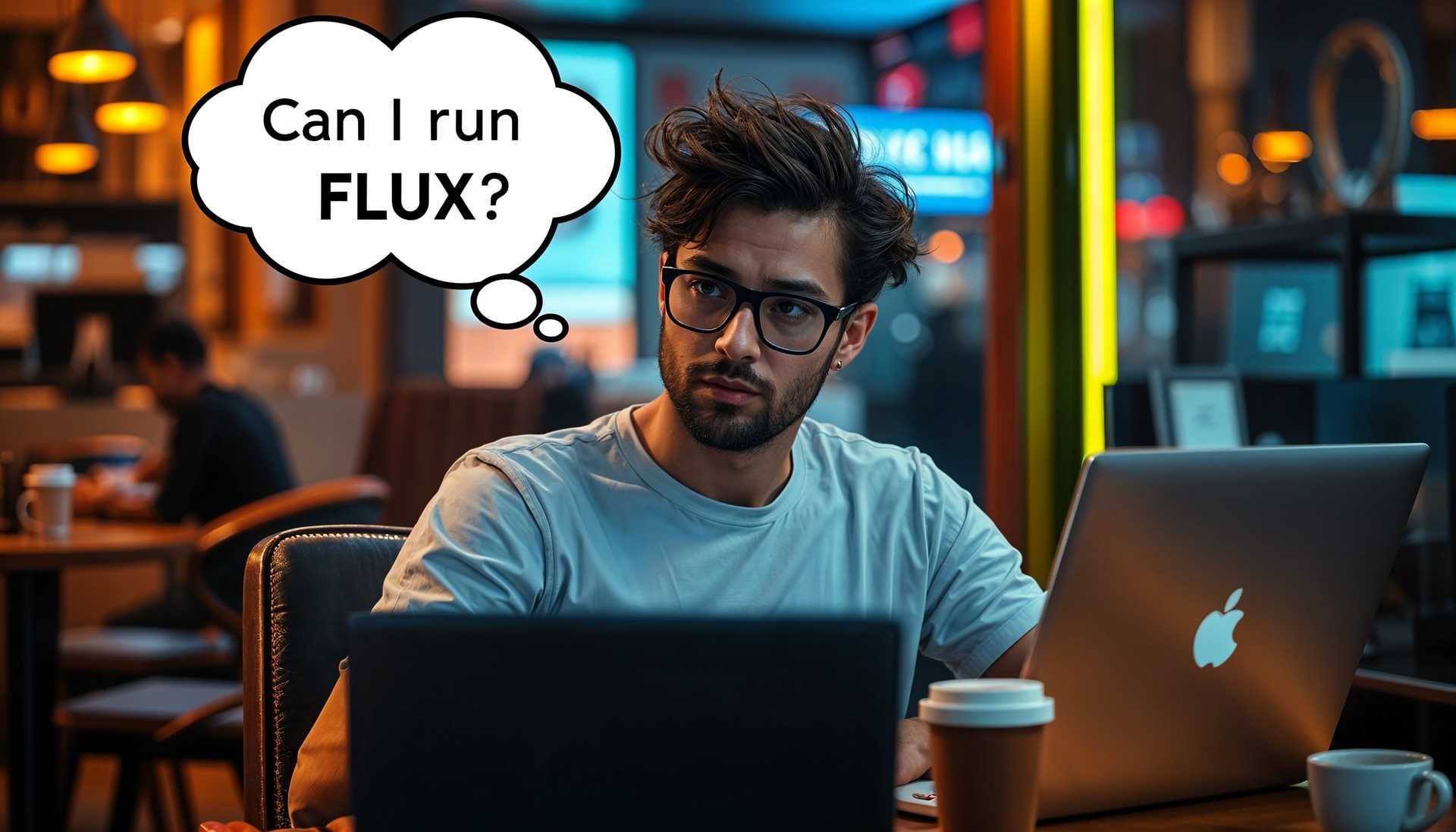 Confused Millennial at Cafe Contemplates Running FLUX Application on His MacBook