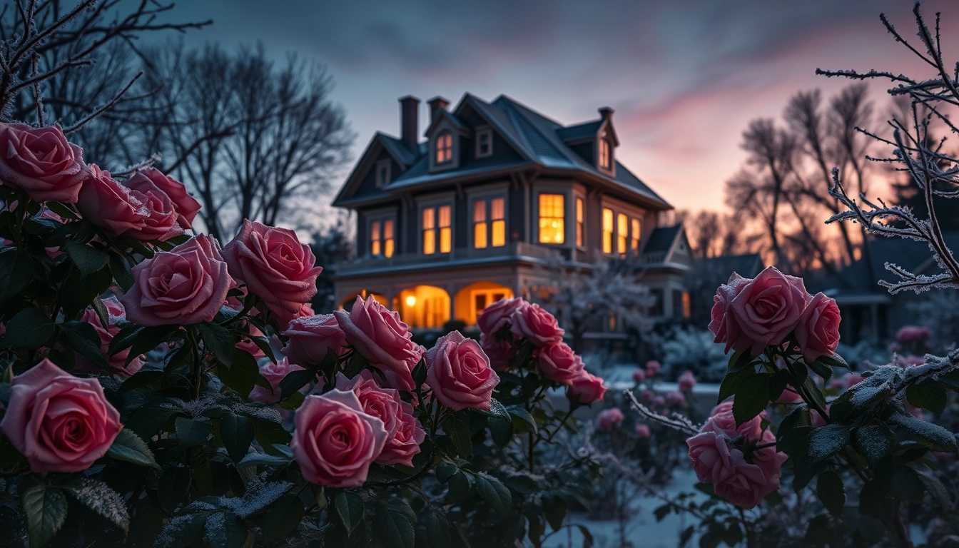 **Prompt for Image Generation:**

Create a beautifully detailed evening scene set in a winter garden at dusk. The foreground is filled with lush rose bushes, their vibrant colors slightly muted by a delicate sprinkling of soft, glistening snow. The composition prominently features a charming Victorian house in the background, showcasing its ornate architecture; the warm, inviting light glowing from its windows casts a cozy ambiance throughout the scene. 

The sky transitions from deep indigo to soft twilight hues, creating a stunning backdrop that reflects the gentle chill of winter. Incorporate subtle details such as soft, elongated shadows cast by the rose bushes and frost-laden branches that glisten faintly in the fading light. Add a hint of mist rising from the ground, softening edges and enhancing the serene, peaceful mood of the scene. 

Capture the tranquil atmosphere with a vintage aesthetic, evoking feelings of nostalgia and a touch of magic in the cold winter air. The overall composition should utilize a 3:2 aspect ratio to emphasize the depth and expansiveness of the garden, allowing the viewer to fully appreciate the charm of the Victorian home as it stands elegantly amidst the winter landscape.
