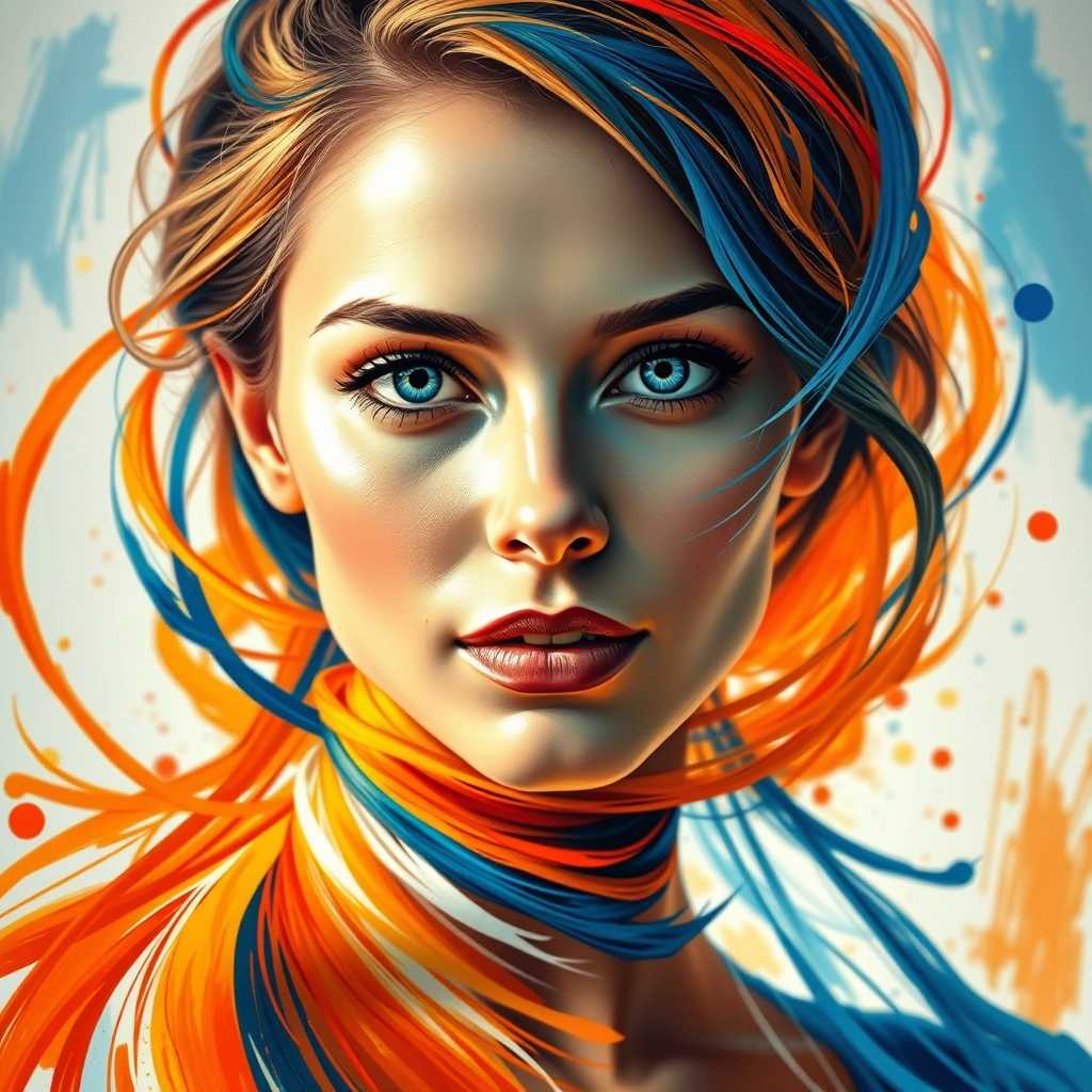 Create a striking portrait of a woman whose face and neck are beautifully enveloped in a vibrant swirl of colors. Use dynamic and fluid brush strokes to depict bright blues, fiery oranges, and luminous whites that interweave around her features, conveying a sense of movement and energy that captivates the viewer. The background should be softly blurred to emphasize the swirling colors, while subtle splashes and drips of paint suggest an energetic and lively creative process. 

Capture the woman’s expression as serene yet powerful, her eyes radiant and engaging, inviting the viewer into her world. The lighting should be bright and lively, illuminating her features and enhancing the vivid colors of the paint. Incorporate impressionistic elements that blend seamlessly into the more abstract swirls, creating a harmonious balance between the portrait and the artwork surrounding it. The overall mood should evoke a sense of creativity and passion, as if the portrait itself is a celebration of artistic expression.