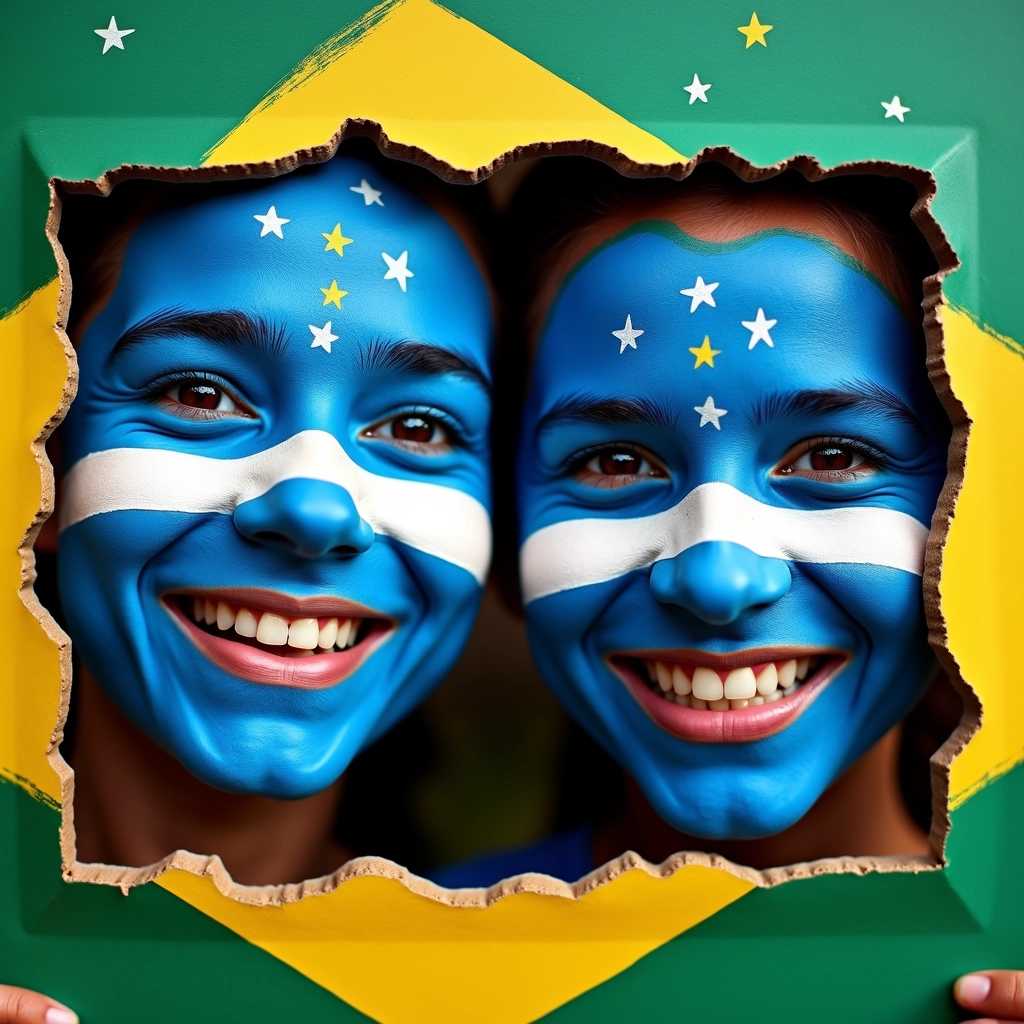 Brazilian flagthemed face paint on joyful individuals