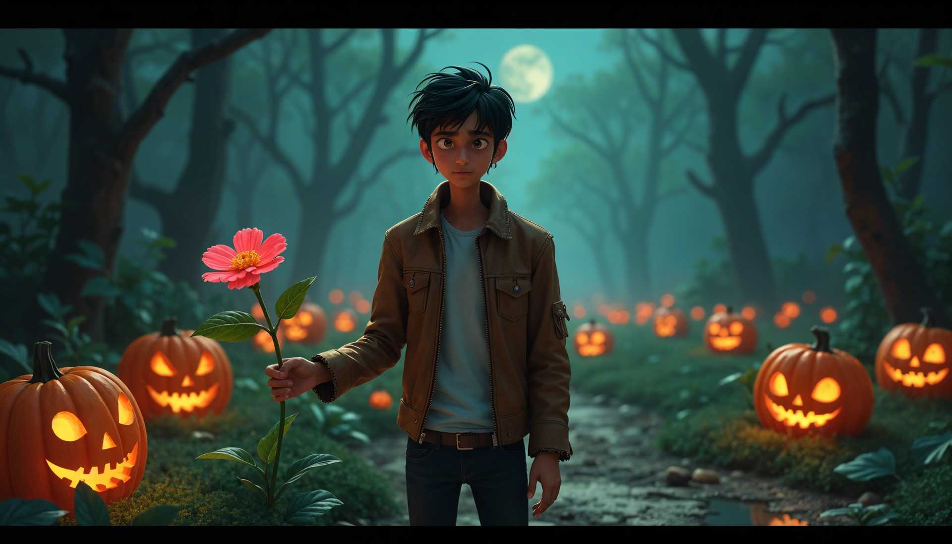 An animated young man with a flower in a mystical pumpkin patch at twilight.