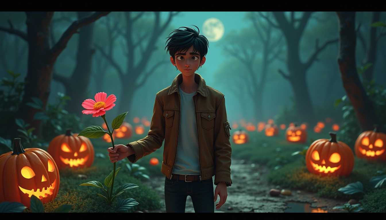 Create a cinematic animated scene featuring Suresh, a young man portrayed with a blend of hope and fear on his face. He stands in a medium shot, his trembling hand gently cradling a single, vibrant flower that contrasts starkly against the dark, disturbing landscape around him. The ground is filled with ghostly pumpkins, their eerie, hollow faces glowing softly in the dim light, adding an unsettling yet whimsical element to the environment. 

Suresh is dressed in a worn-out brown leather jacket that has tattered edges, and snug black jeans, which highlight his rugged yet vulnerable demeanor. His expression should convey the complexity of his emotions—eyes wide with uncertainty yet reflecting a flicker of determination. The background should encompass a hauntingly beautiful landscape, reminiscent of Studio Ghibli's enchanting animations, combining elements of magic and terror.

Emphasize the rich detail in both Suresh and the flower, focusing on the delicate petals and the texture of the leaves, with the atmosphere thick with a mist that gives an ethereal quality to the scene. The color palette should be lush yet dark, with deep greens, browns, and haunting purples, evoking a sense of both beauty and dread. The overall mood should balance between whimsy and horror, creating an entrancing yet unsettling visual narrative.
