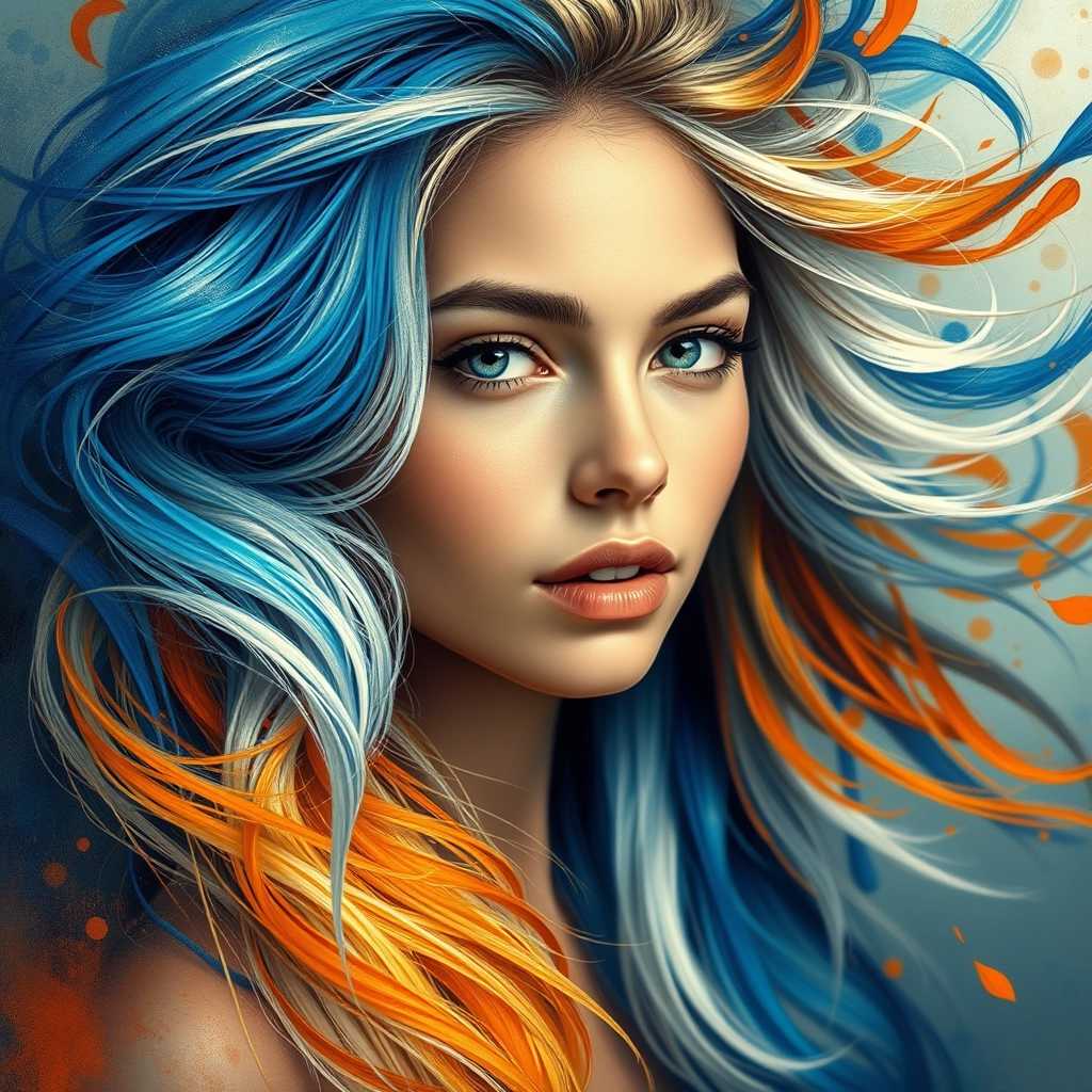 Create a captivating portrait of a young, gorgeous woman whose hair is a mesmerizing swirl of vibrant colors—blue, white, and orange—enveloping her face like a dynamic abstract painting. The hair should appear to be alive, flowing with energy, as if caught in a gentle breeze, emphasizing the feeling of movement and transformation. 

The woman's expression should convey a sense of wonder and creativity, with her eyes sparkling with inspiration. Use dramatic lighting to highlight the textures of her hair and skin, casting soft shadows that accentuate her features. Surround her with an ethereal background that complements the color palette, perhaps blending organic shapes or brushstroke-like patterns that evoke the essence of artistic creation. 

The overall mood should be energetic and uplifting, reflecting the process of creation itself—vivid, alive, and full of potential. Aim for a painterly style that combines realism with abstract elements, giving the image a sense of depth and artistry. The composition should draw the viewer's eye towards her face while allowing the swirling hair to frame and envelop her, creating a stunning focal point in the center of the portrait.
