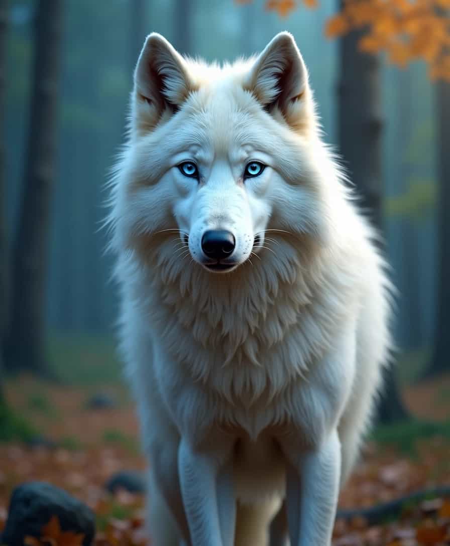 beautiful white wolf, gorgeous blue eyes, colorful forest background, Commercial photography, full body shot, Studio lighting, OC rendering, Professional photography, Super detail