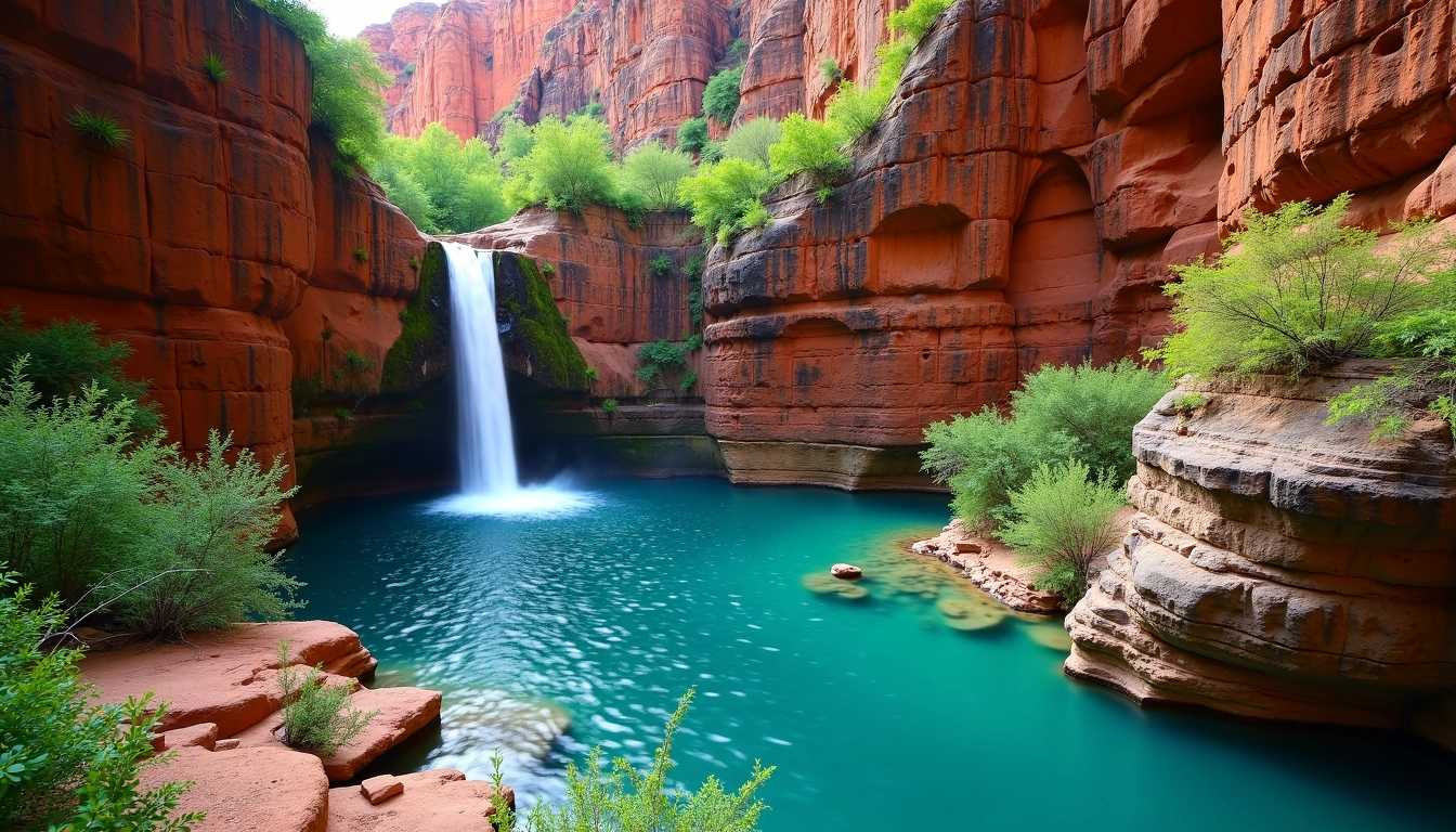 A secluded waterfall oasis nestled within a rugged canyon. The waterfall cascades down a red rock cliff into a crystal-clear blue pool surrounded by lush greenery. The towering canyon walls rise on either side, displaying layers of geological history. The scene is a serene hideaway, untouched and tranquil, with the vibrant colors of nature’s palette on full display