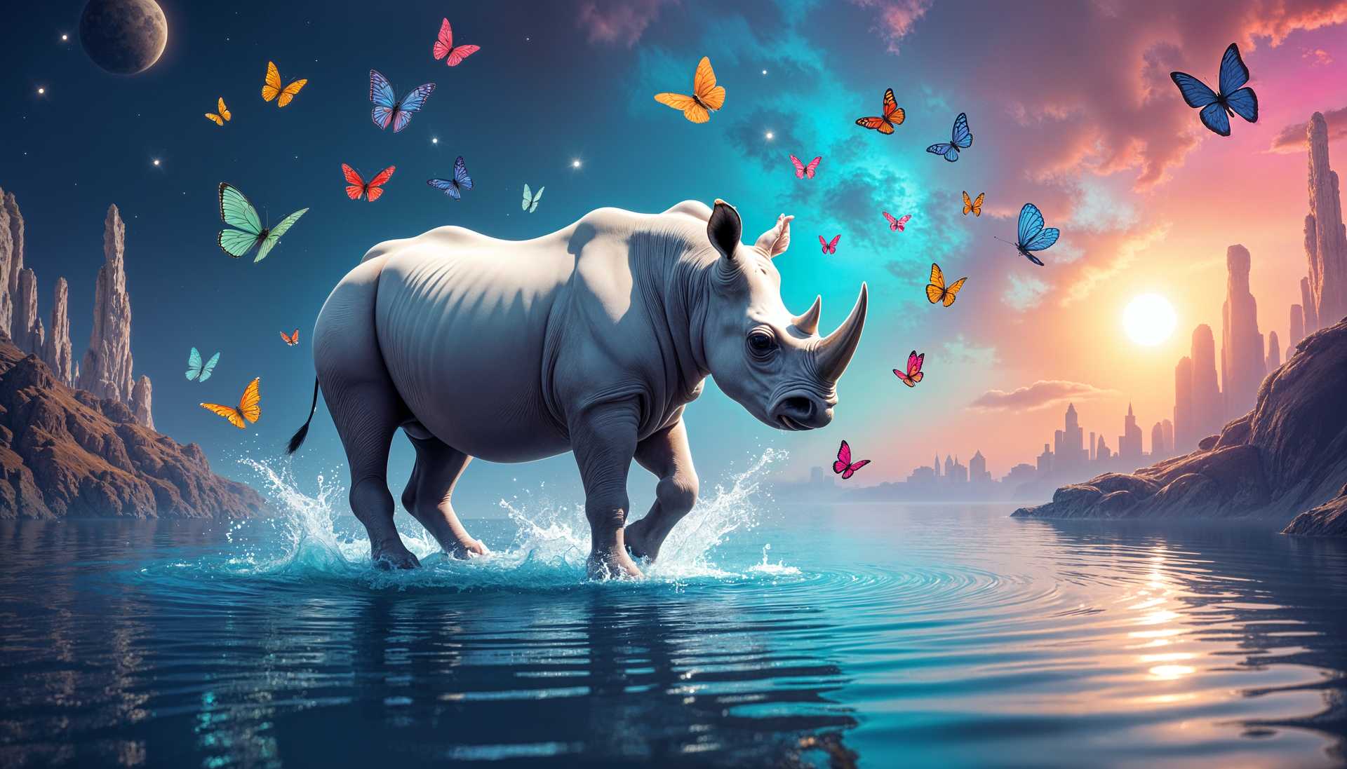 Whimsical Rhinoceros and Butterflies Soar Over a Magical Water Landscape