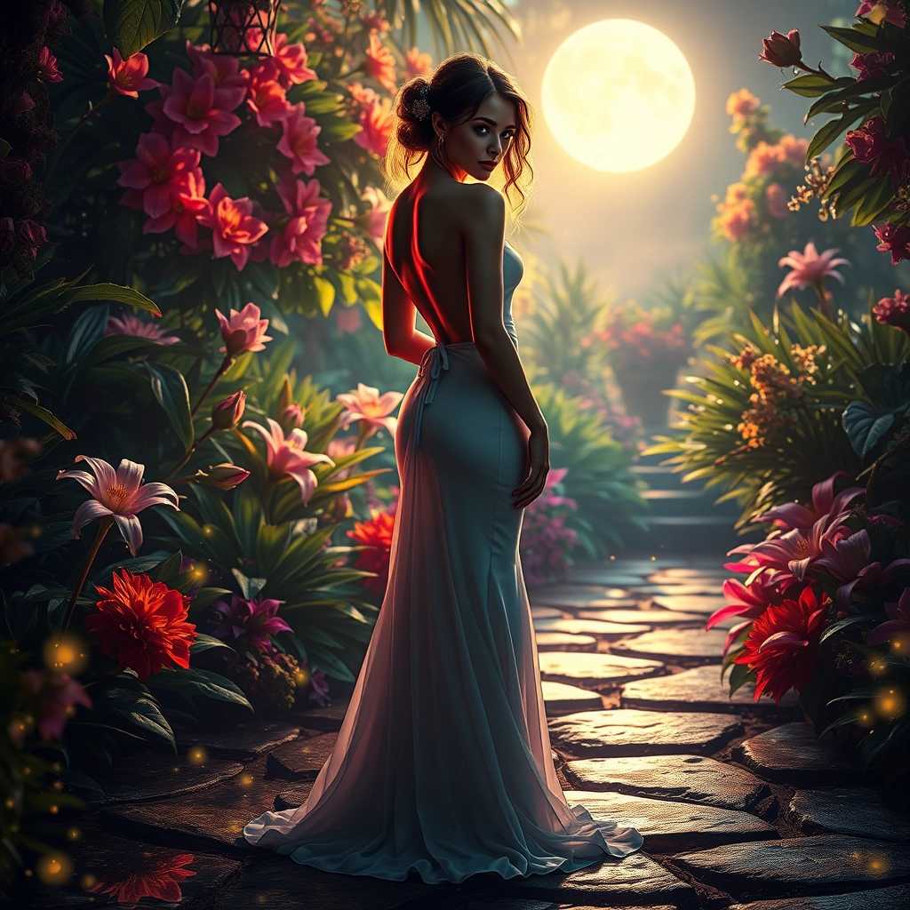 Create a stunning image of a mystique woman standing gracefully in a vibrant, enchanting garden under the ethereal glow of moonlight. Her silhouette shines brightly against the backdrop of lush, exotic plants and blooming flowers that emit a soft luminescence. She has deep, bright sparkling eyes that seem to hold secrets, captivating viewers with their allure. The woman is dressed in an elegant gown that cascades softly to the ground, featuring a bare back and shoulders that accentuate her elegance and mystery.

In this glamorous world, the ground reflects the shimmering moonlight, creating an otherworldly ambiance as shadows dance playfully among the foliage. The garden appears alive with vivid colors, rich textures, and mystical elements, including glistening dewdrops and twinkling fireflies that add to the enchantment. The atmosphere feels infused with the magic of a time shift, where past and present blend together in harmony. Capture the essence of elegance and intrigue, highlighting the beauty of the woman and the enchanting surroundings, with dramatic lighting that enhances the mood of mystery and allure. The scene should evoke a sense of wonder, as if the viewer has stepped into a timeless fairy tale.