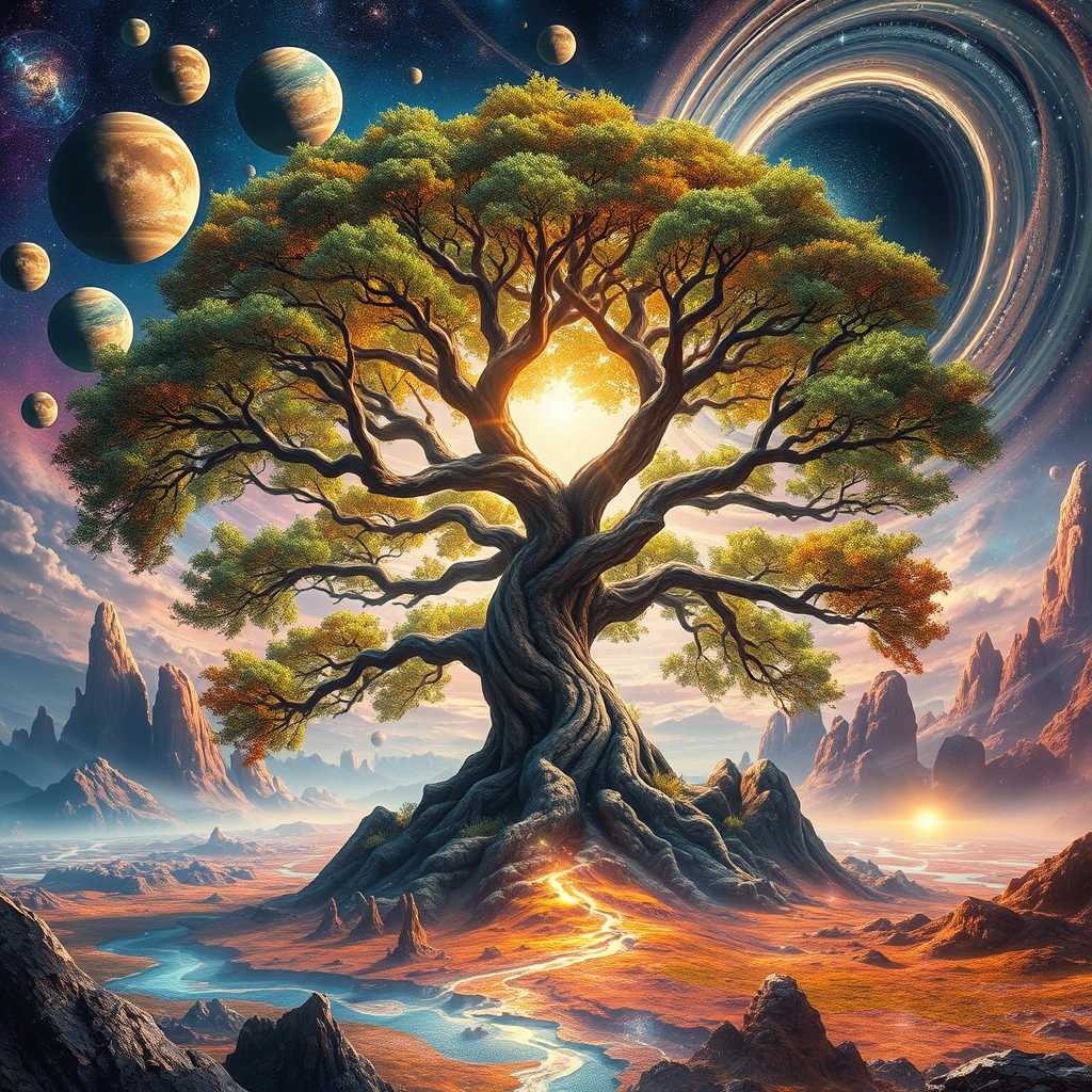 **Prompt for Image Generation:**

Imagine a breathtaking intersection of universes, where the 19-dimensional manifolds of the infinite converge in a spectacular tapestry of vibrant colors and surreal landscapes. At the center of this cosmic tableau, a colossal, ancient tree stretches its gnarled branches skyward, its leaves shimmering in shades of iridescent hues, reflecting the myriad colors of the surrounding realms. The sky is a mesmerizing expanse filled with numerous gigantic planets—each exhibiting intricate surface details, ranging from lush, green vegetation to rocky, barren terrains—along with twinkling stars that seem to twirl and dance in the cosmic ballet.

The scene is imbued with an otherworldly quality, with sweeping galaxies swirling in the backdrop, their spiral arms alive with vibrant colors, casting ethereal glows across the landscape. The ground is a patchwork of unique terrains, blending fantastical flora and fauna from various realities—think floating islands, rivers of light, and luminescent fauna.

Superimposed over this enchanting vision is the striking profile of a young woman, her delicate features framed by a flowing ponytail that appears to blend seamlessly with the cosmic elements surrounding her. She gazes upward, her expression a mix of wonder and reverence, as if she is both aware of and a part of this extraordinary convergence of worlds. The lighting highlights her youthful visage, casting dramatic shadows and enhancing the contours of her small nose and expressive eyes. The composition evokes a mood of awe and discovery,
