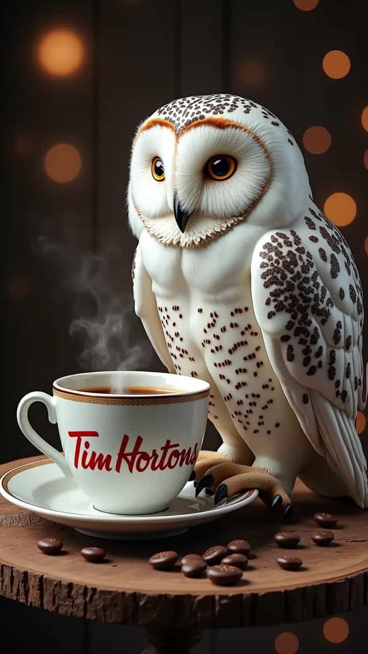 a whimsical scene of-a majestic white owl perched on a coffee saucer and the cup of coffee has the name Tim Hortons on the side of the cup