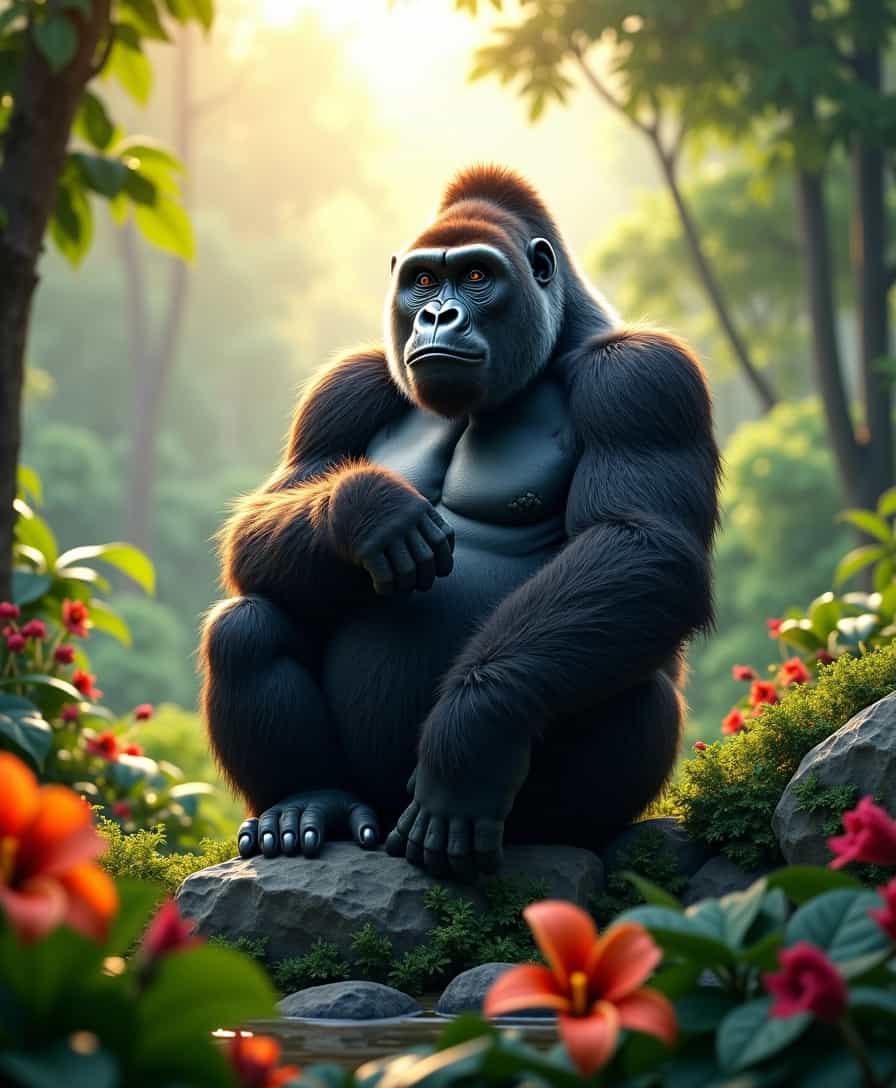 A majestic gorilla sits thoughtfully atop a rocky outcrop in a dense, lush rainforest. Its powerful, muscular body is covered in thick, dark fur that glistens with droplets of morning dew. The sun filters through the vibrant green canopy above, casting dappled light onto the creature, highlighting its expressive eyes brimming with intelligence and depth. Surrounding the gorilla, exotic plants and vibrant flowers create a rich, colorful backdrop. In the background, blurred silhouettes of tall trees and the soft sounds of chirping birds enhance the tranquil atmosphere. The composition captures the serene yet powerful presence of the gorilla, evoking a sense of awe and respect for nature's beauty. Render in hyper-realistic detail with a warm, soft color palette to convey a peaceful yet vibrant mood.