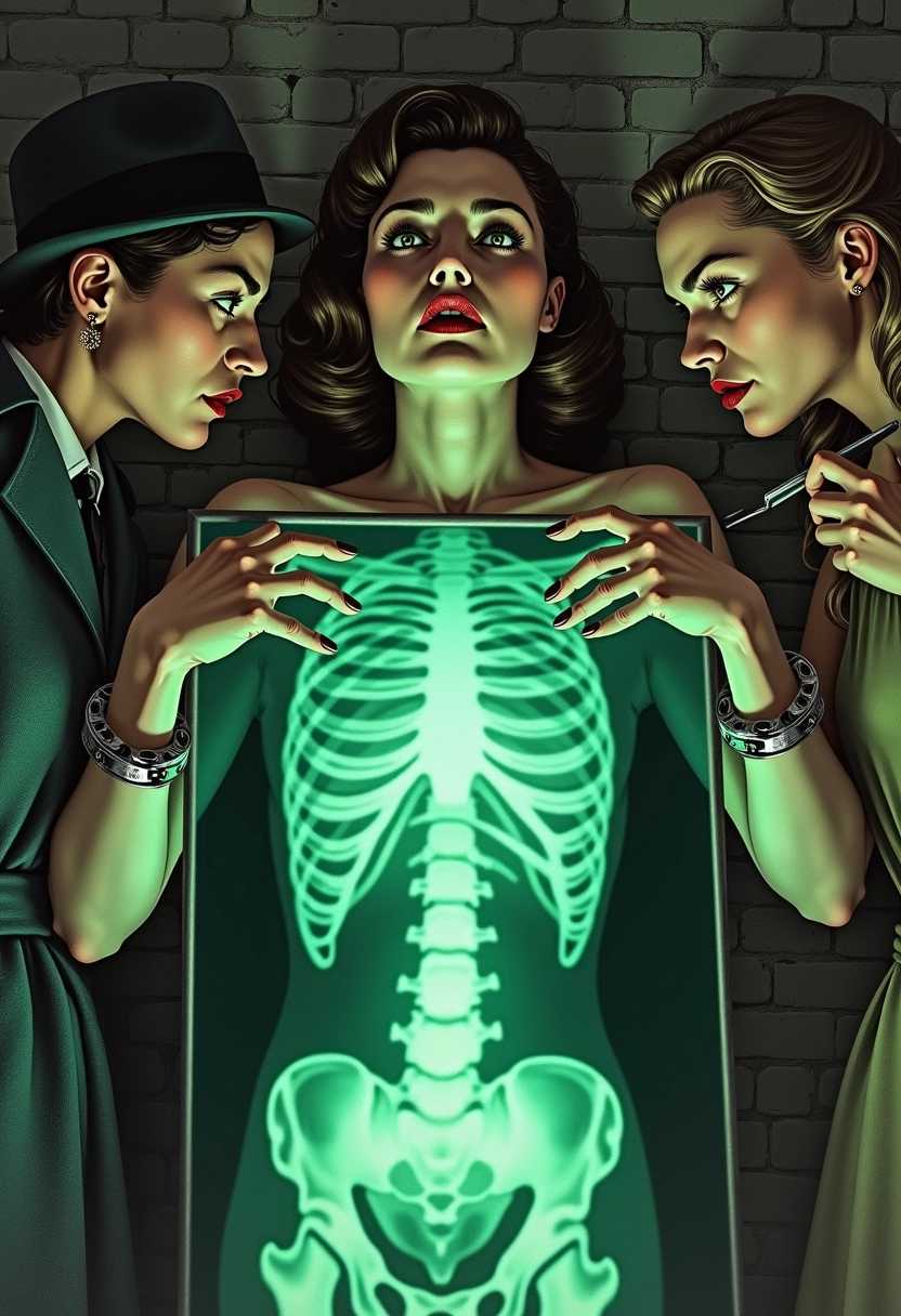 A dramatic cover illustration for a fictional pulp magazine titled "Dime Mystery Magazine," reminiscent of the 1930s art style, features a tense and suspenseful scene. The central figure is a woman positioned against a weathered brick wall, draped with heavy, dark curtains that add a sense of foreboding. Her hands are outstretched with steel manacles glinting ominously under a dim light, suggesting both helplessness and strength. 

In the foreground, an eerie x-ray panel illuminates the scene with an ethereal glow, showcasing the woman's skeletal structure intertwined with a vibrant, glowing green gem that rests within her ribcage—its luminescence casting ghostly shadows. 

Flanking the x-ray panel, a man with a sharp jawline, clad in a vintage fedora and a trench coat, leans closer, eyes wide with intrigue, while next to him, a woman in a 1930s-style dress, her expression a mix of curiosity and malice, grips a shiny scalpel tightly. Their expressions convey a sinister fascination, intensifying the menacing atmosphere. 

The color palette features muted tones with splashes of green and dark shadows, reinforcing the cover's mysterious and unsettling mood, inviting readers into a world of intrigue