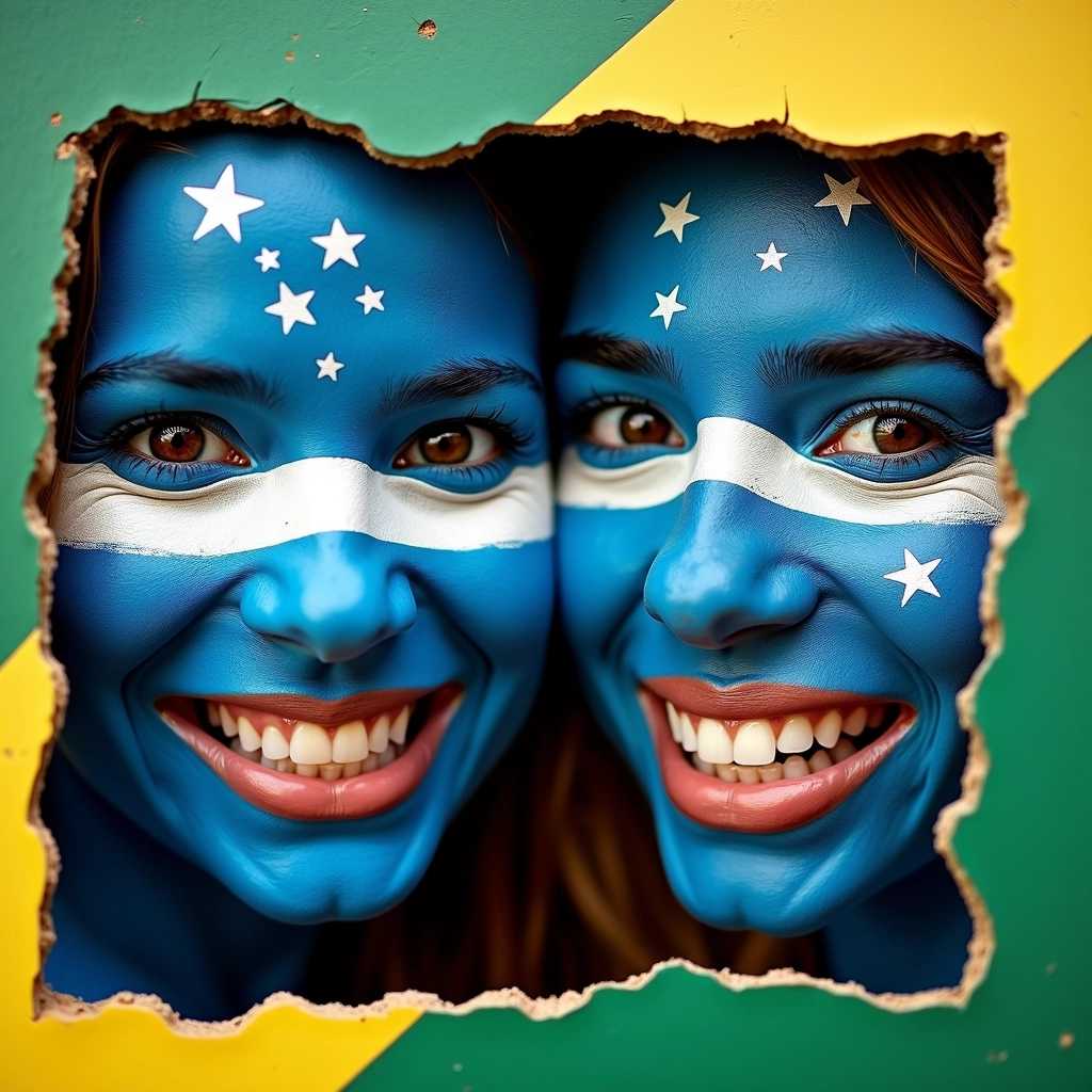 Two smiling faces, framed by rough, hand-cut cardboard fashioned into the iconic green and yellow of the Brazilian flag, dominate the scene. The faces themselves are painted a vibrant, almost electric blue, bisected by a thick stripe of white that sweeps across the forehead, nose, and chin, mimicking the central band of the Brazilian flag. This painted stripe is further embellished with a scattering of tiny white stars, echoing the constellation on the actual flag. Their eyes sparkle with a playful energy that contrasts with the bold, almost ceremonial paint, and their teeth flash white against the blue, highlighting the joyous atmosphere. The cardboard frames, held slightly away from their faces, cast subtle shadows that accentuate the contours of their cheeks and add a three-dimensional quality to the image. The overall composition, with its close-up focus on the faces and the vibrant, contrasting colors, evokes the raw energy and celebratory spirit of folk art, perhaps reminiscent of the vibrant street photography of Alex Webb.