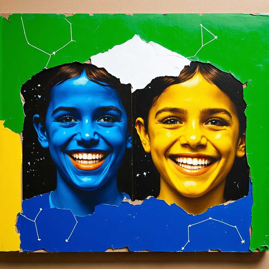 Two smiling faces, framed by rough, hand-cut cardboard fashioned into the iconic green and yellow of the Brazilian flag, dominate the scene. The faces themselves are painted a vibrant, almost electric blue, bisected by a thick stripe of white that sweeps across the forehead, nose, and chin, mimicking the central band of the Brazilian flag. This painted stripe is further embellished with a scattering of tiny white stars, echoing the constellation on the actual flag. Their eyes sparkle with a playful energy that contrasts with the bold, almost ceremonial paint, and their teeth flash white against the blue, highlighting the joyous atmosphere. The cardboard frames, held slightly away from their faces, cast subtle shadows that accentuate the contours of their cheeks and add a three-dimensional quality to the image. The overall composition, with its close-up focus on the faces and the vibrant, contrasting colors, evokes the raw energy and celebratory spirit of folk art, perhaps reminiscent of the vibrant street photography of Alex Webb.