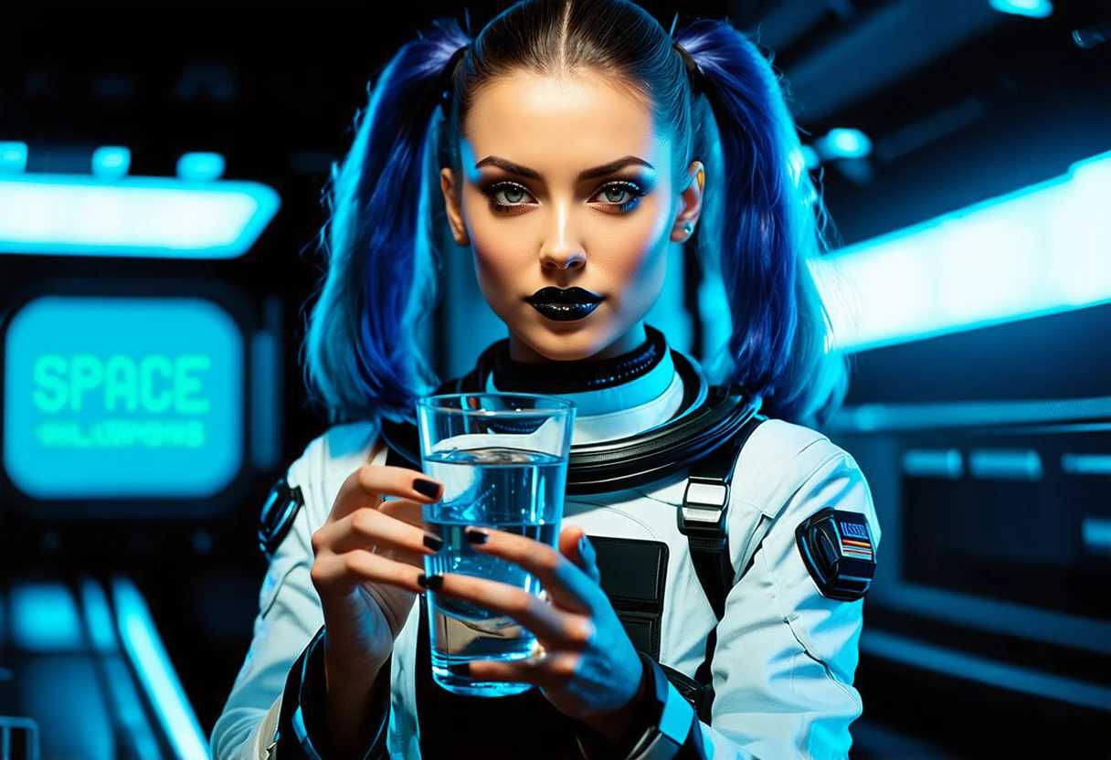 Captivating Astronaut with Blue Hair and Glass of Water in a Futuristic Setting