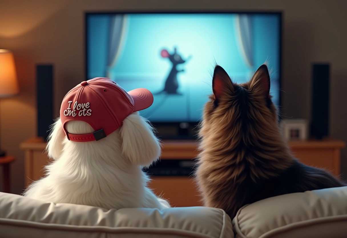 scenery, a little white dog and a Siberian cat with dark brown fur, sitting on a sofa both wearing a baseball cap, watching a mouse movie on tv. looking at tv set, on the cap is the text "I love cats"