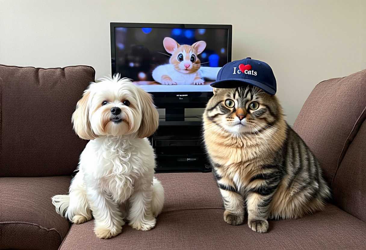 scenery, a little white dog and a Siberian cat with dark brown fur, sitting on a sofa both wearing a baseball cap, watching a mouse movie on tv. looking at tv set, on the cap is the text "I love cats"