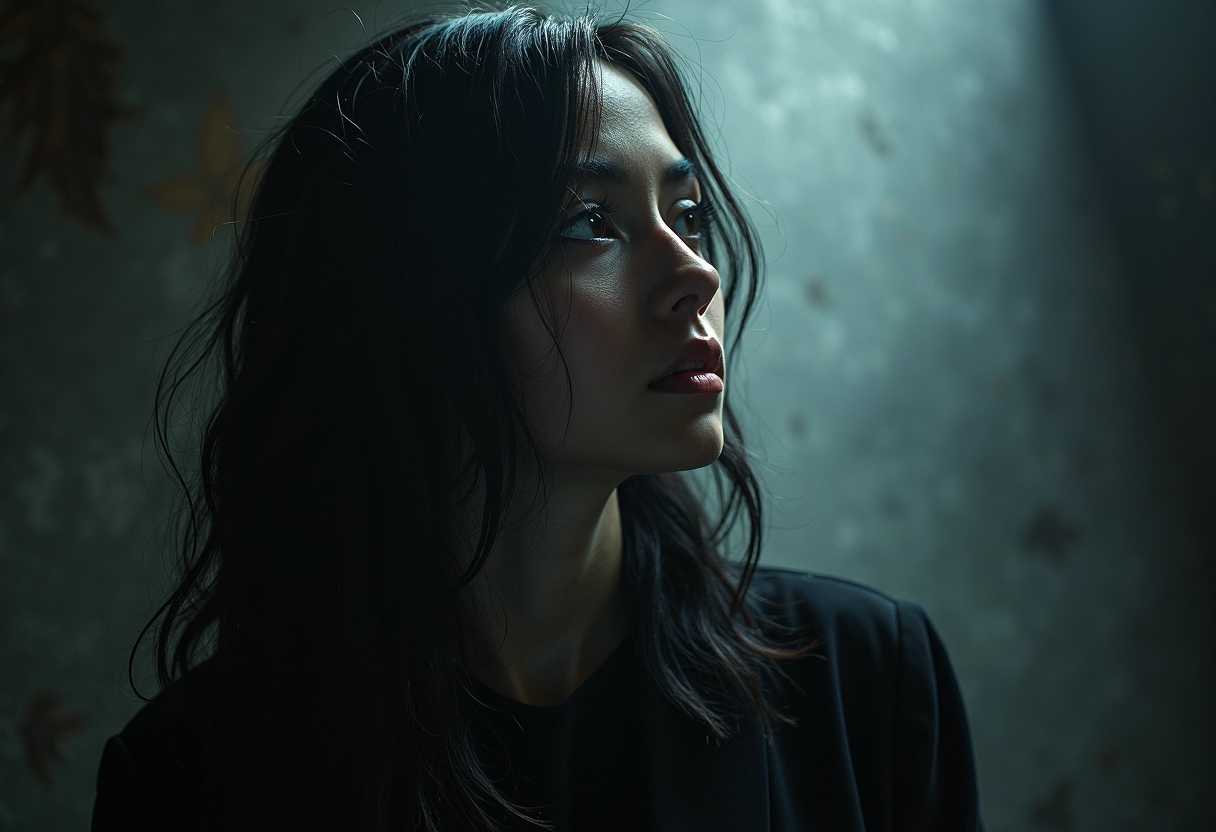 Contemplative Woman in Shadowy Setting