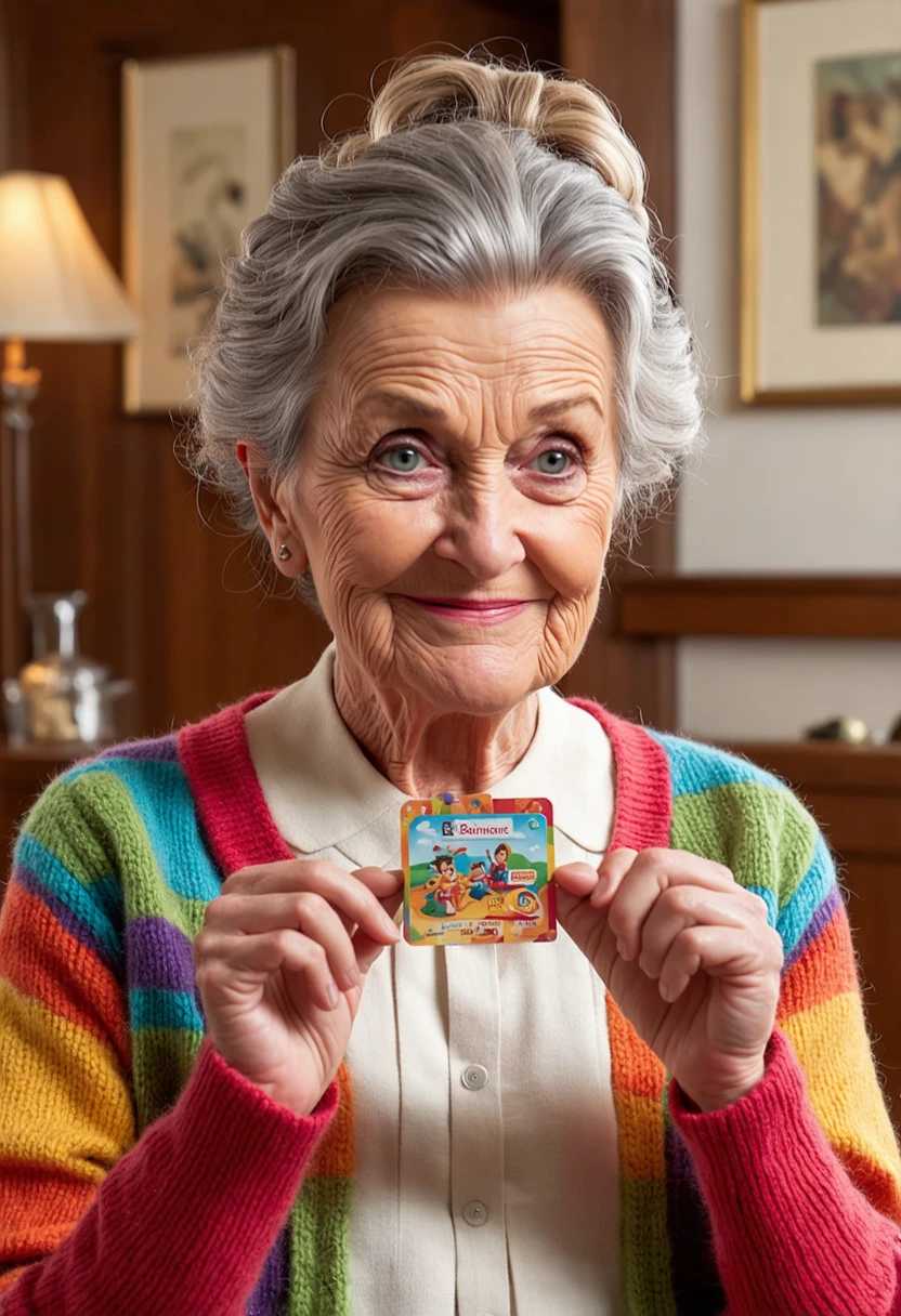 LDER WOMAN, PIXAR DISNEY STYLE, CLOSELY SHOWING A RECTAGULAR PAPER BADGE  Create an image of an older woman in a charming Pixar-Disney style, imbued with warmth and charm. Her features are endearing, with soft wrinkles and twinkling eyes that reflect a life full of stories. She has silver hair styled in a cheerful bun, with a few loose strands gently framing her face. The woman is wearing a cozy, colorful cardigan over a simple blouse, adding to the inviting and friendly vibe of the scene. Her expression is one of pride and joy as she closely holds up a rectangular paper badge, which is vibrant and detailed, featuring whimsical designs and bright colors. The background should be softly blurred to focus on her and the badge, but hints of a cozy, home-like environment can be included with knick-knacks and light decor. The overall mood is uplifting and crammed with personality, highlighting her character as both wise and approachable, with a touch of Pixar’s signature magic. Use warm lighting to enhance this inviting atmosphere, creating a sense of nostalgia and tenderness in the composition.