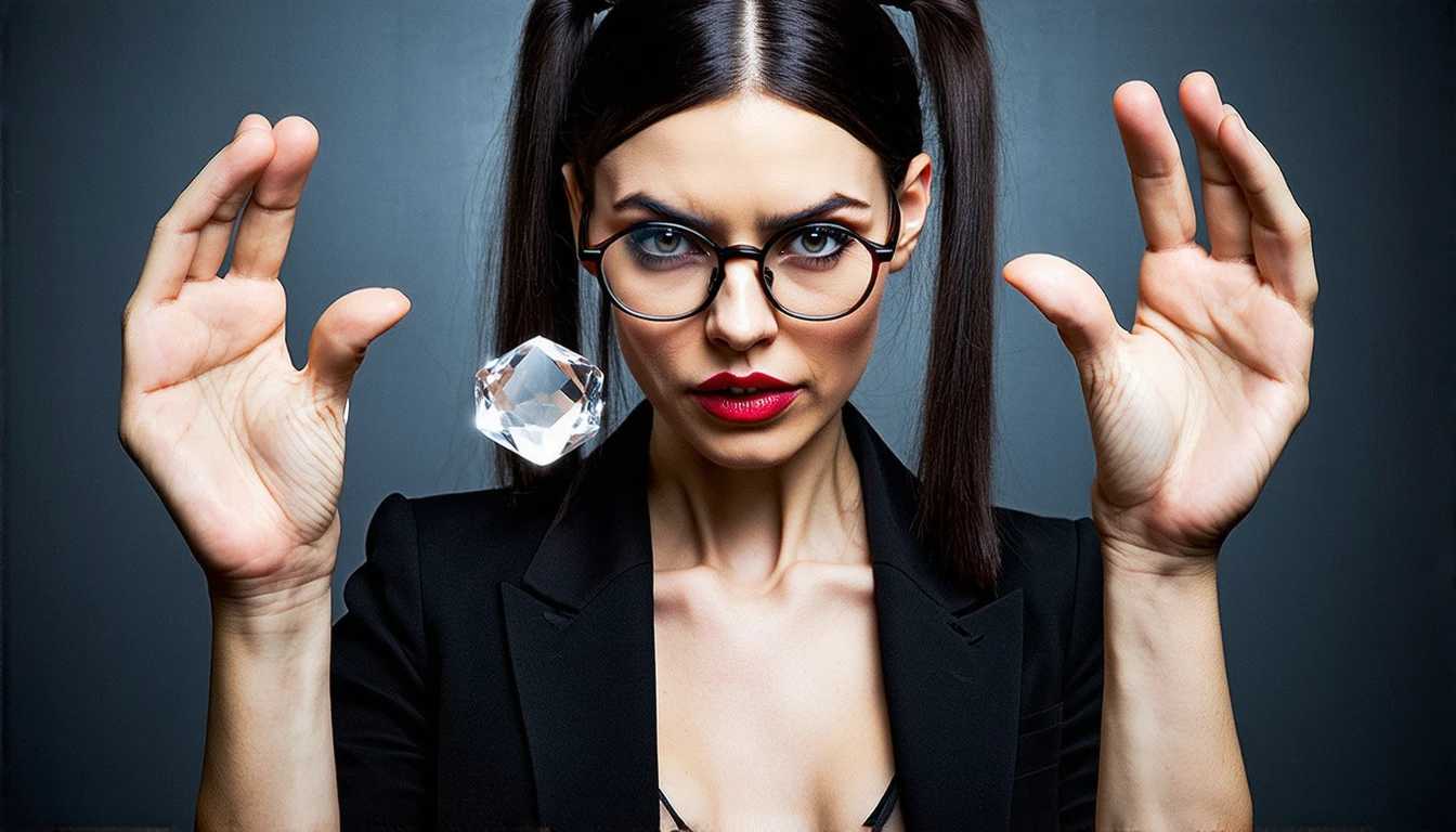 a female evil hypnotist holding a crystal in front of her as if to hypnotize the viewer, she should have a block ponytail and be wearing wire frame eyeglasses, she should be wearing crimson lipstick