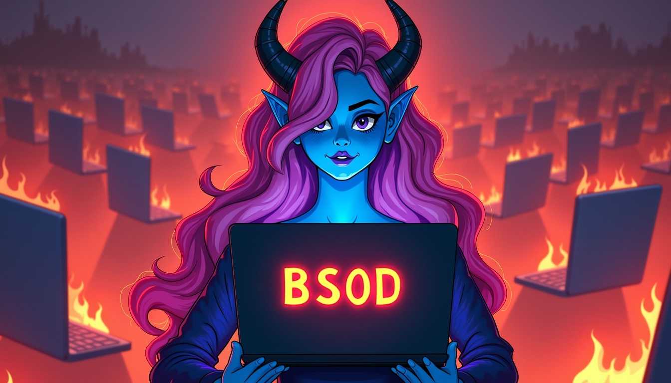 Create a digital artwork featuring a central character with striking blue skin, long wavy hair in shades of pink and purple, and devil horns. The character is holding a Microsoft Windows laptop with a message on the screen that reads “BSOD” in bold letters. The background is filled with numerous laptops and electronics in a fiery landscape, suggesting a scene of temptation or a deal being made. The overall style is fantastical and cartoonish, with a dramatic contrast of colors and lighting.