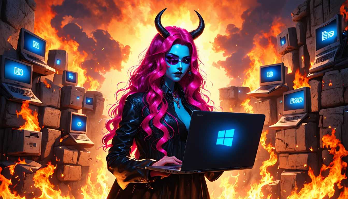 Create a digital artwork featuring a central character with striking blue skin, long wavy hair in shades of pink and purple, and devil horns. The character is holding a Microsoft Windows laptop with a message on the screen that reads “BSOD” in bold letters. The background is filled with numerous laptops and electronics in a fiery landscape, suggesting a scene of temptation or a deal being made. The overall style is fantastical and cartoonish, with a dramatic contrast of colors and lighting.