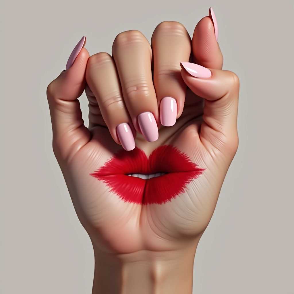 Create a digital artwork that features a close-up view of a hand with well-manicured, pale pink nails. The hand is positioned in such a way that the fingers form a heart shape, with the thumb and pinky touching and the index finger and ring finger slightly overlapping. The skin of the hand is depicted with realistic textures and subtle shadows to give a three-dimensional effect. The hand is adorned with a large, bold red lipstick mark that spills onto the knuckles and forearm, giving the impression of a kiss mark. The red lipstick is applied in a thick, creamy texture with visible brush strokes, adding a sense of movement and spontaneity to the image. The overall color scheme of the artwork is soft and muted, with the red lipstick providing a striking contrast. The background is nondescript, with a neutral color that fades into obscurity, ensuring that the focus remains solely on the hand and the lipstick mark.