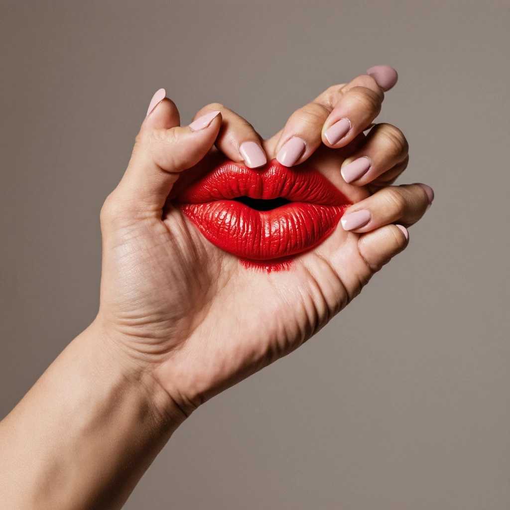 Create a digital artwork that features a close-up view of a hand with well-manicured, pale pink nails. The hand is positioned in such a way that the fingers form a heart shape, with the thumb and pinky touching and the index finger and ring finger slightly overlapping. The skin of the hand is depicted with realistic textures and subtle shadows to give a three-dimensional effect. The hand is adorned with a large, bold red lipstick mark that spills onto the knuckles and forearm, giving the impression of a kiss mark. The red lipstick is applied in a thick, creamy texture with visible brush strokes, adding a sense of movement and spontaneity to the image. The overall color scheme of the artwork is soft and muted, with the red lipstick providing a striking contrast. The background is nondescript, with a neutral color that fades into obscurity, ensuring that the focus remains solely on the hand and the lipstick mark.