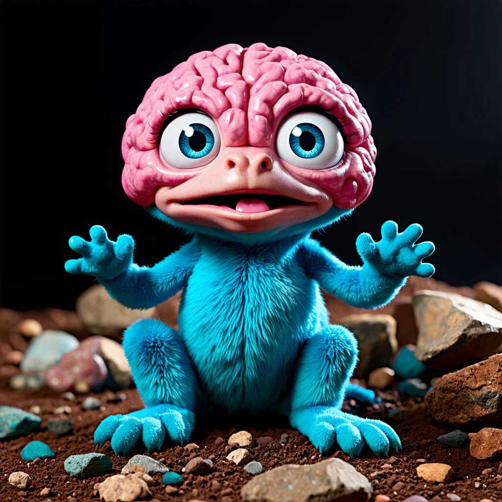 Create a fantastical, surreal creature with the following attributes:- A whimsical, brain-like texture in shades of pink and blue covering its body.- Oversized, expressive eyes with detailed irises and a reflective quality.- A surprised or curious facial expression with a slightly open mouth and protruding tongue.- Small, stubby limbs with claws, ending in large, padded feet.- The creature is sitting on a rugged, rocky terrain with variously colored rocks around it.- The creature's gaze is directed towards the viewer, creating a sense of connection and curiosity.- The overall mood of the image is playful and imaginative, with a touch of mystery.