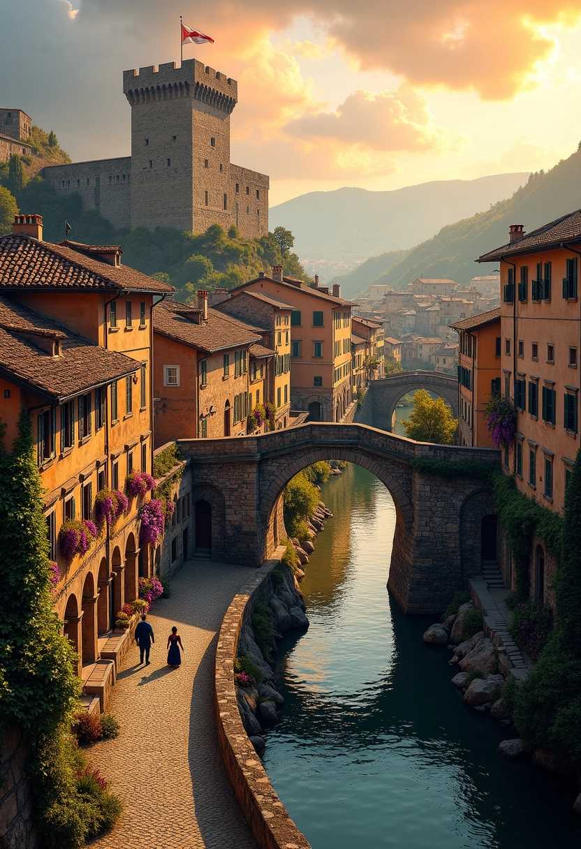 A breathtaking aerial view of the medieval city of San Giomangio in Italy, nestled in the rolling hills of the Italian countryside. The scene is bathed in the warm golden light of the late afternoon sun, casting long shadows and highlighting the intricate stone architecture. Cobblestone streets wind through the city, lined with charming, rustic buildings adorned with vibrant flower boxes and wisteria creeping up the walls. 

In the foreground, a centuries-old stone bridge arches over a sparkling river that reflects the soft hues of the sunset. Towering above the cityscape, a majestic castle with crenellated towers and a flag fluttering in the breeze presides over the town. 

The sky is a brilliant canvas of oranges, pinks, and purples as dawn approaches, adding a romantic atmosphere to the scene. People dressed in traditional medieval attire stroll through the bustling marketplace, with stalls selling fresh produce and handmade crafts. The composition is rich in detail, inviting viewers to immerse themselves in the historical charm and serene beauty of San Giomangio. The overall mood is one of nostalgia and tranquility, capturing the essence of a bygone era in Italy.