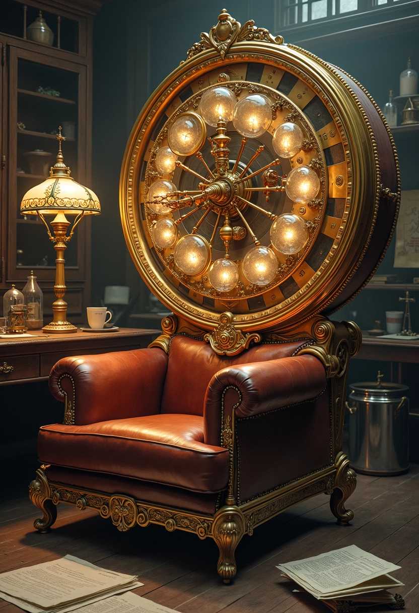 A meticulously detailed illustration of a vintage time machine designed in the early 1900s, showcasing an intricate assembly of gleaming brass components and an array of copper wires. It is built around an enourmous leather armchair, with a tiffany lamp on top. The machine is adorned with ornate glass electron tubes, softly illuminated from within, casting a warm, ethereal glow. Elegant ivory trim encircles the edges, providing a striking contrast to the metallic elements. The background features a dimly lit workshop, filled with shadows and a sense of mystery, with tools and blueprints scattered around, hinting at the creative chaos of invention. The overall mood is one of nostalgia and wonder, beautifully capturing the essence of steampunk aesthetics, with an emphasis on craftsmanship and imagination.