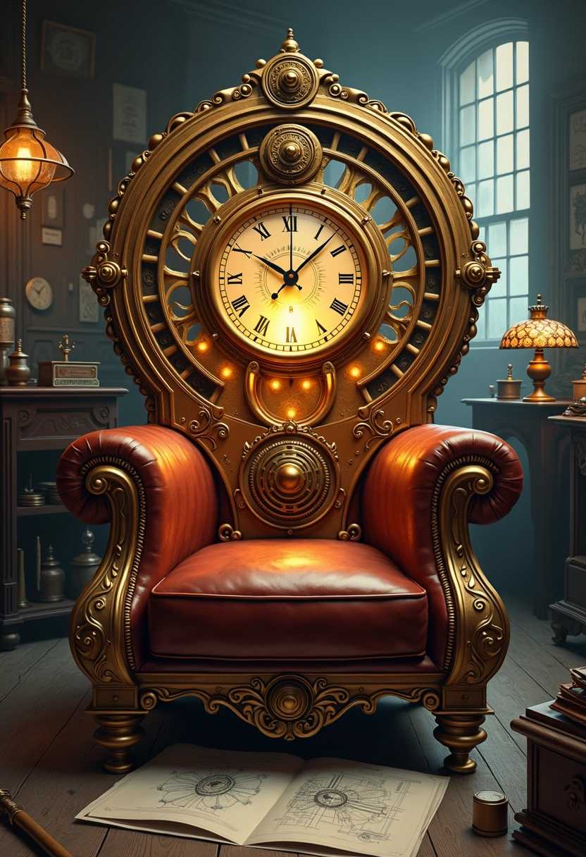 A meticulously detailed illustration of a vintage time machine designed in the early 1900s, showcasing an intricate assembly of gleaming brass components and an array of copper wires. It is built around an enourmous leather armchair, with a tiffany lamp on top. The machine is adorned with ornate glass electron tubes, softly illuminated from within, casting a warm, ethereal glow. Elegant ivory trim encircles the edges, providing a striking contrast to the metallic elements. The background features a dimly lit workshop, filled with shadows and a sense of mystery, with tools and blueprints scattered around, hinting at the creative chaos of invention. The overall mood is one of nostalgia and wonder, beautifully capturing the essence of steampunk aesthetics, with an emphasis on craftsmanship and imagination.