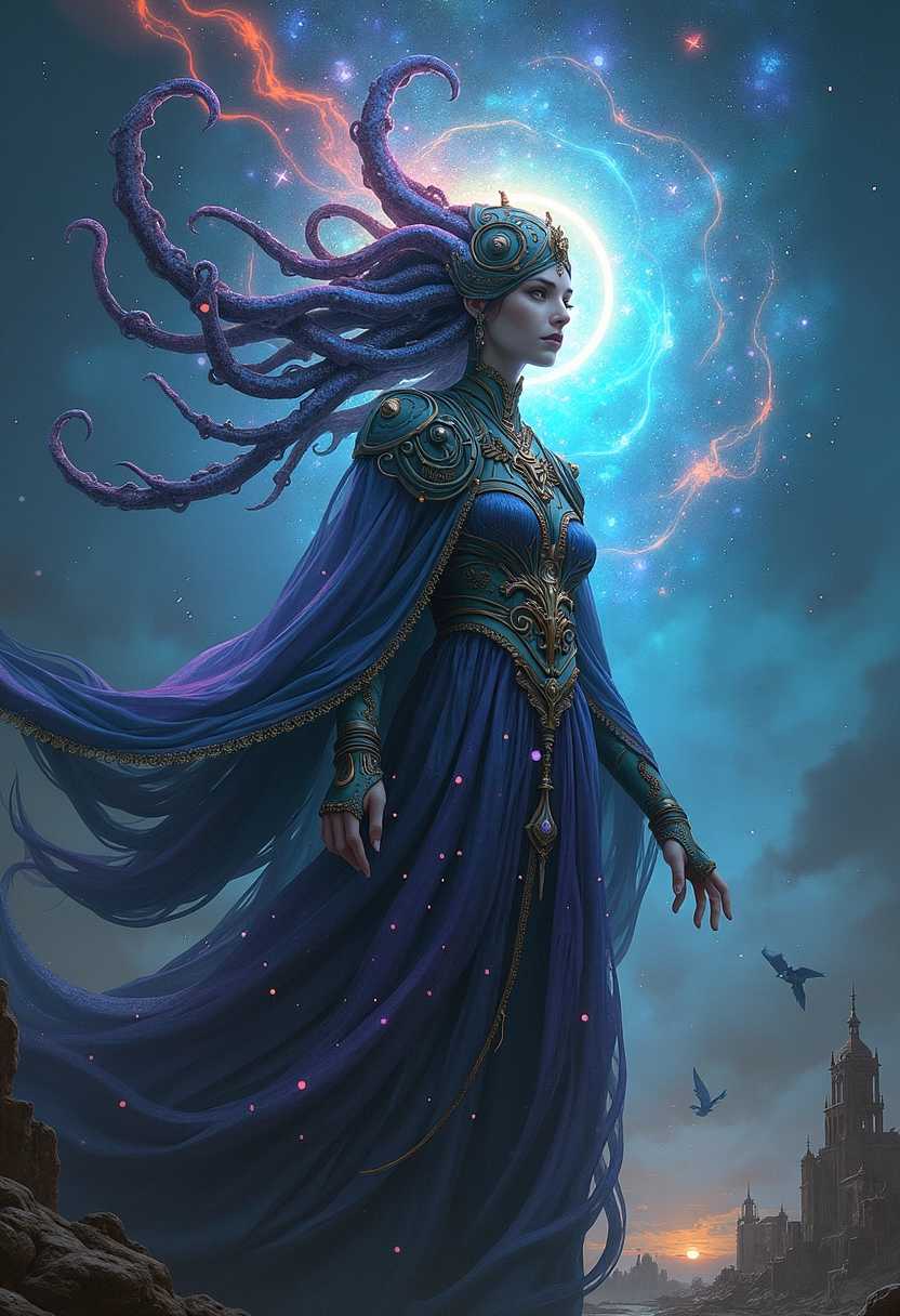 A female eldritch sorceress embodies the essence of cosmic horror, her form composed of swirling cosmic dust and elongated tentacles extending into other dimensions. She is adorned in a stunning robe that shimmers with the brilliance of stars and nebulae, whispering the secrets of the universe in an enchanting yet eerie manner. The composition reflects Marc Simonetti's cinematic style with intricate eldritch geometry and unsettling imagery, portraying her as a beacon of both awe and fear. A unique Avant-garde headdress crowns her head, accentuating her otherworldly presence. Her mechanical halo radiates divine light, illuminating the scene around her. The backdrop features a dramatic post-apocalyptic wasteland, where celestial beings clash in an intense battle between angels and demons, casting shadows and creating a somber yet mystical atmosphere. The color palette is rich and vibrant, with deep blues, purples, and splashes of iridescent light, juxtaposed against the dark ruins of the landscape, evoking a sense of chaos mingled with beauty. The overall mood is one of cosmic wonder intertwined with foreboding, inviting the viewer to delve into the mysteries of the universe alongside this magnificent sorceress.